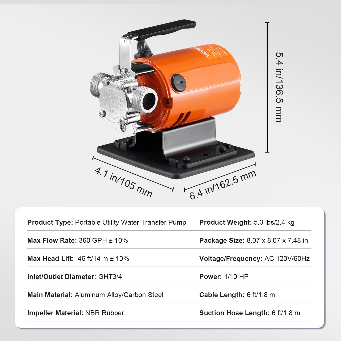 VEVOR Water Transfer Pump, 120V AC 360 GPH 1/10 HP, Portable Electric Utility Pump with 6 ft Suction Hose Kit, Carbon Brushes, Impeller, Suction Strainer, for Garden, Rain Barrel, Pool, Pond, Aquarium