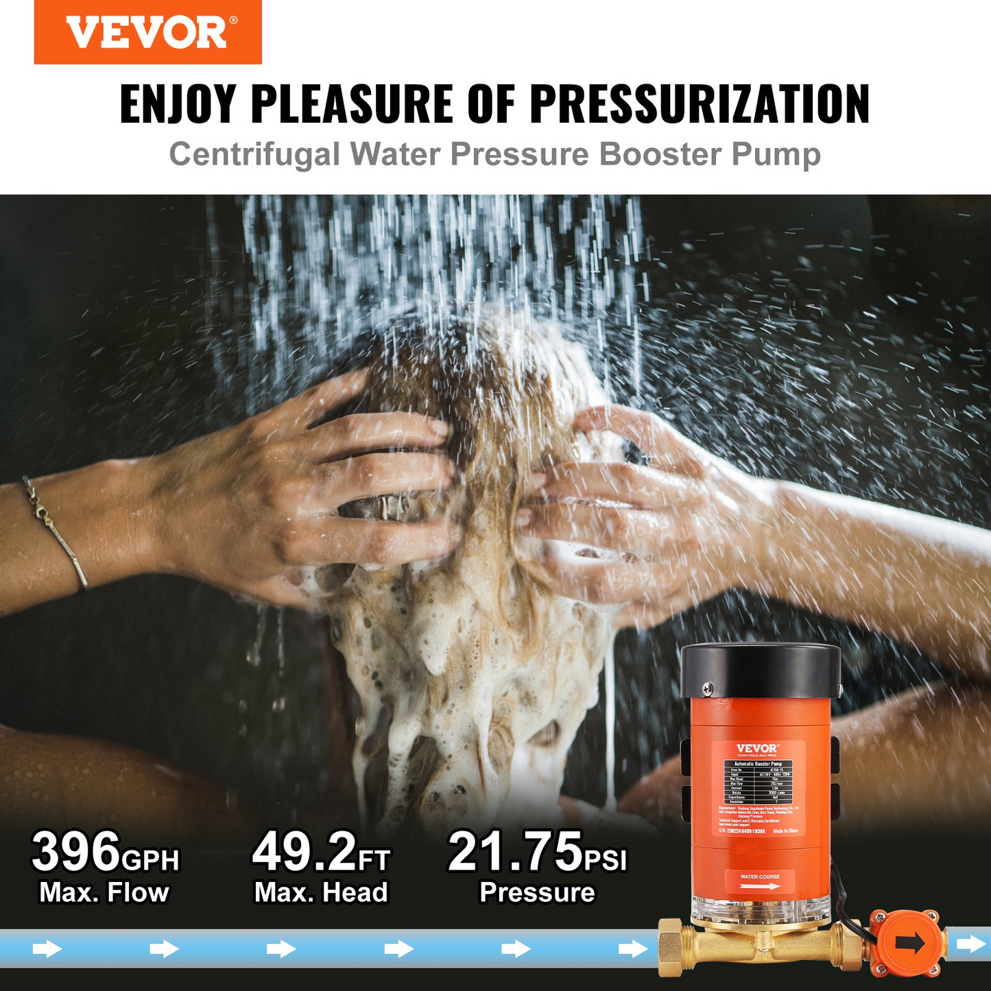 VEVOR 120W Water Pressure Booster Pump, 110V AC,396 GPH 21.75 PSI Household Home Automatic Pressure Booster Pump, Max Flow 25 L/min Shower Booster Pump with Water Flow Switch, for Whole House Shower