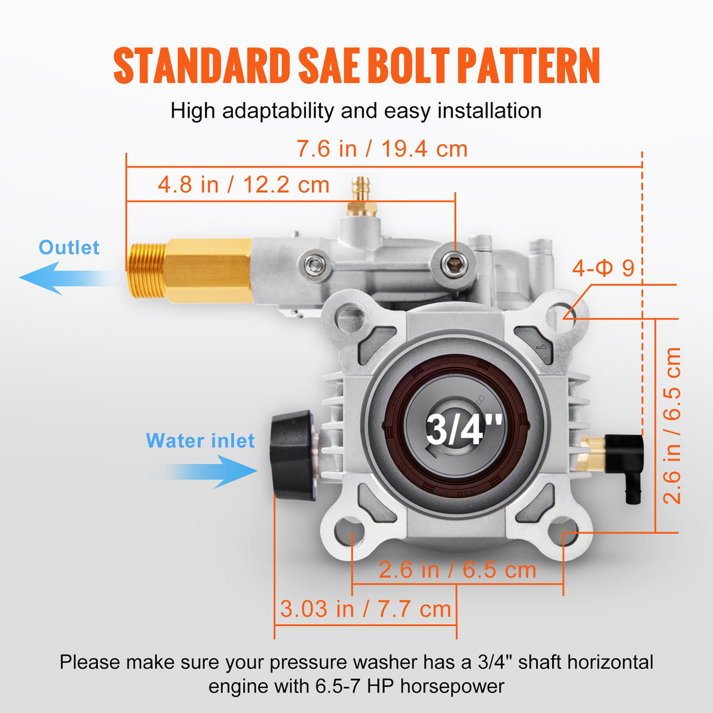 VEVOR Pressure Washer Pump, 3/4" Shaft Horizontal, 3400 PSI, 2.5 GPM, Replacement Power Washer Pumps Kit, Parts Washer Pump, Compatible with Honda, Simpson, RYOBI, Briggs & Stratton, Subaru, Craftsman