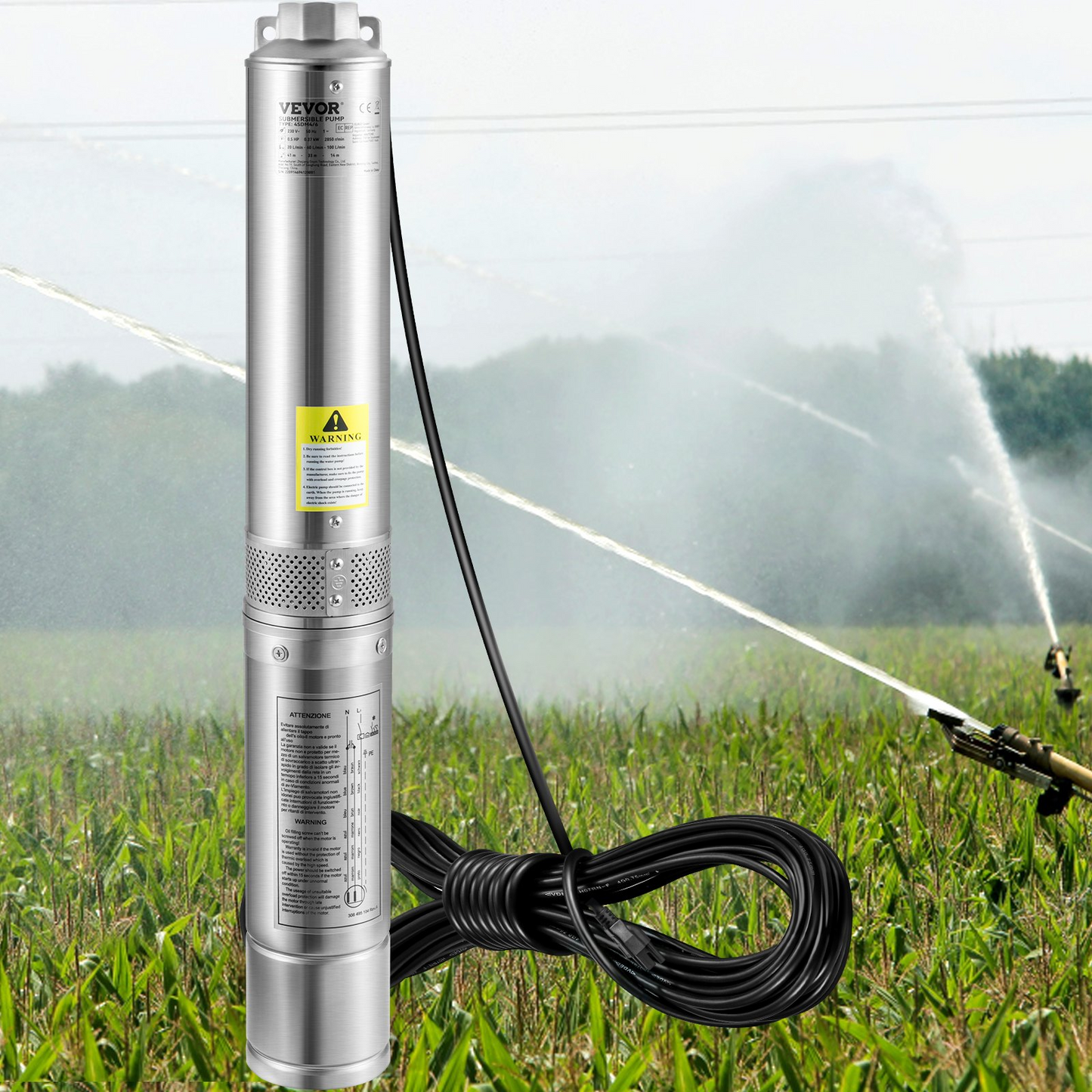 VEVOR Deep Well Submersible Pump, 1HP 115V/60Hz, 37gpm Flow 207ft Head, with 33ft Electric Cord, 4" Stainless Steel Water Pump for Industrial, Irrigation&Home Use, IP68 Waterproof Grade