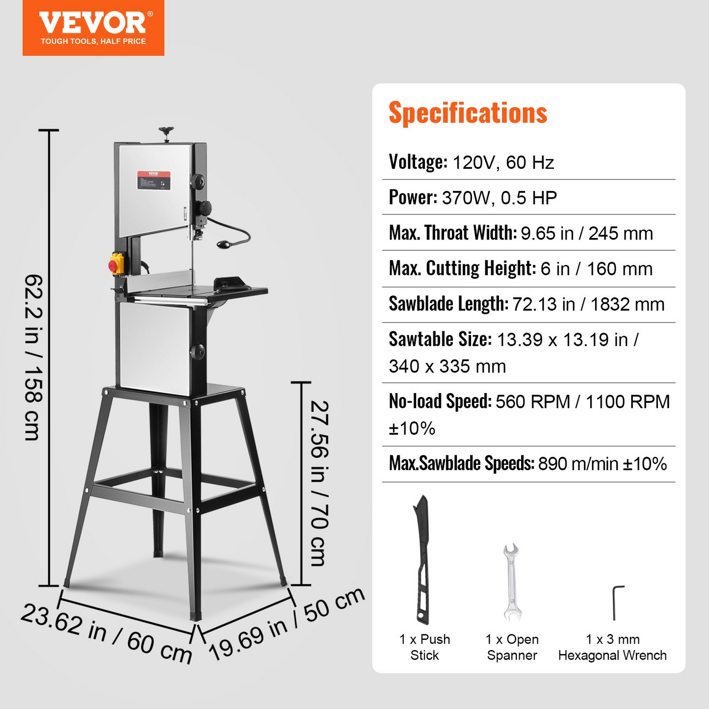 VEVOR Band Saw with Stand, 10-Inch, 560 & 1100 RPM Two-Speed Benchtop Bandsaw, 370W 0.5HP Motor with Metal Stand Optimized Work Light Workbench Fence and Miter Gauge, for Woodworking Aluminum Plastic