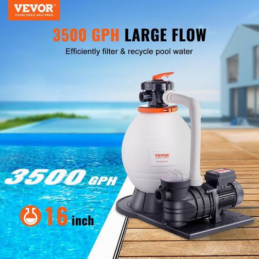 VEVOR Sand Filter Pump for Above Ground Pools, 16-inch, 3500 GPH, 1 HP Swimming Pool Pumps System & Filters Combo Set with 6-Way Multi-Port Valve and Strainer Basket, for Domestic and Commercial Pools