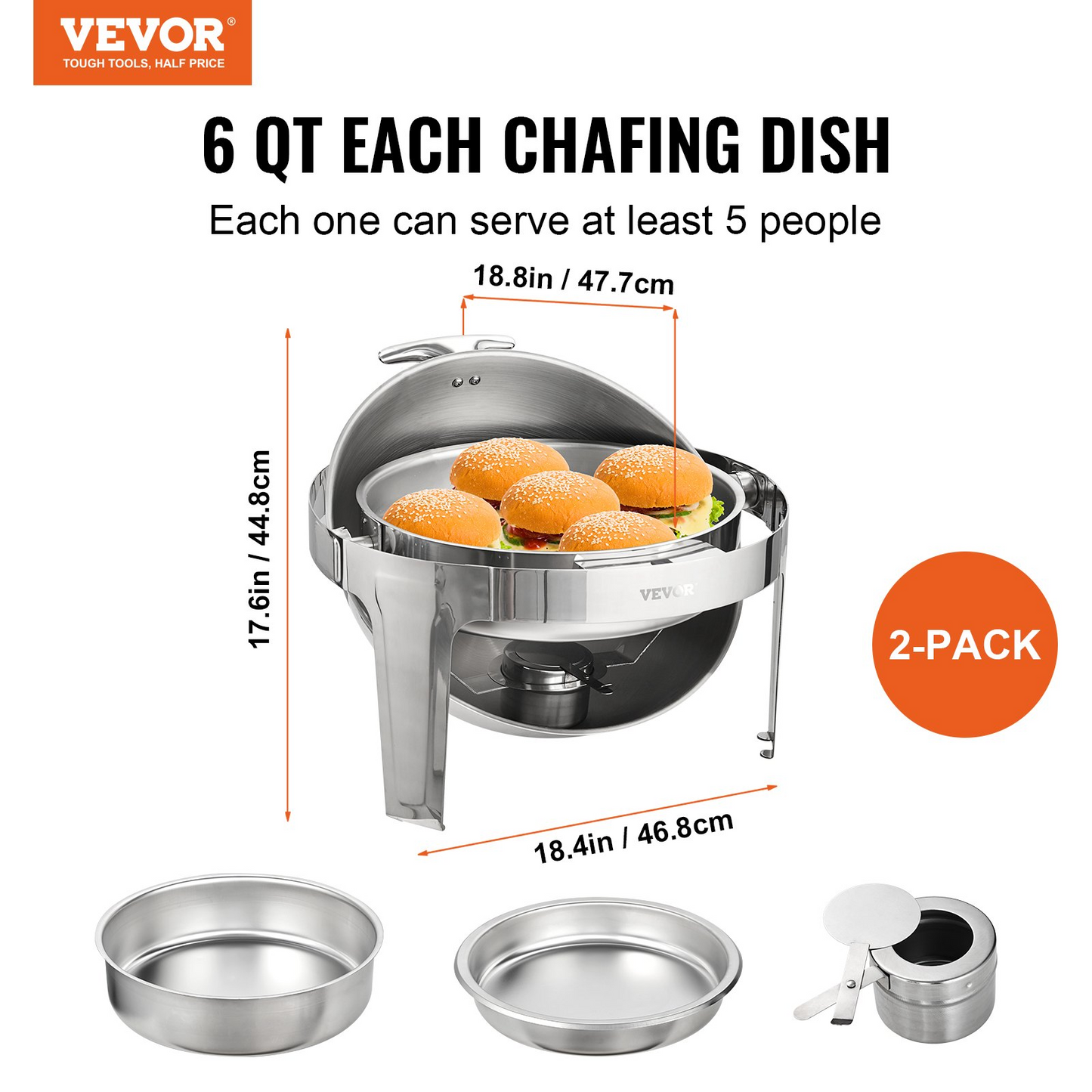 VEVOR Roll Top Chafing Dish Buffet Set, 6 Qt 2 Pack, Stainless Steel Chafer with 2 Full Size Pans, Round Catering Warmer Server with Lid Water Pan Stand Fuel Holder, for at Least 5 People Each