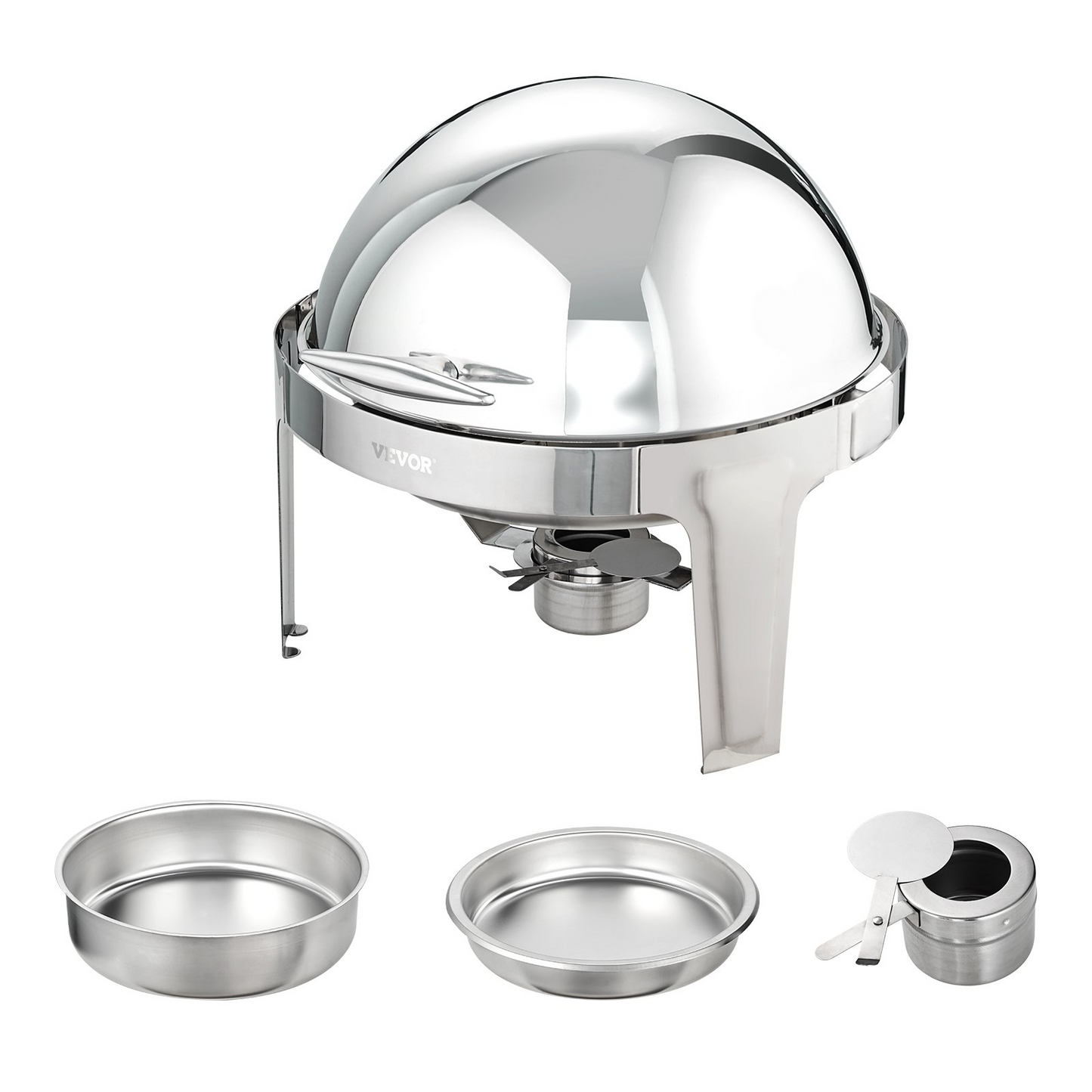 VEVOR Roll Top Chafing Dish Buffet Set, 6 Qt 2 Pack, Stainless Steel Chafer with 2 Full Size Pans, Round Catering Warmer Server with Lid Water Pan Stand Fuel Holder, for at Least 5 People Each