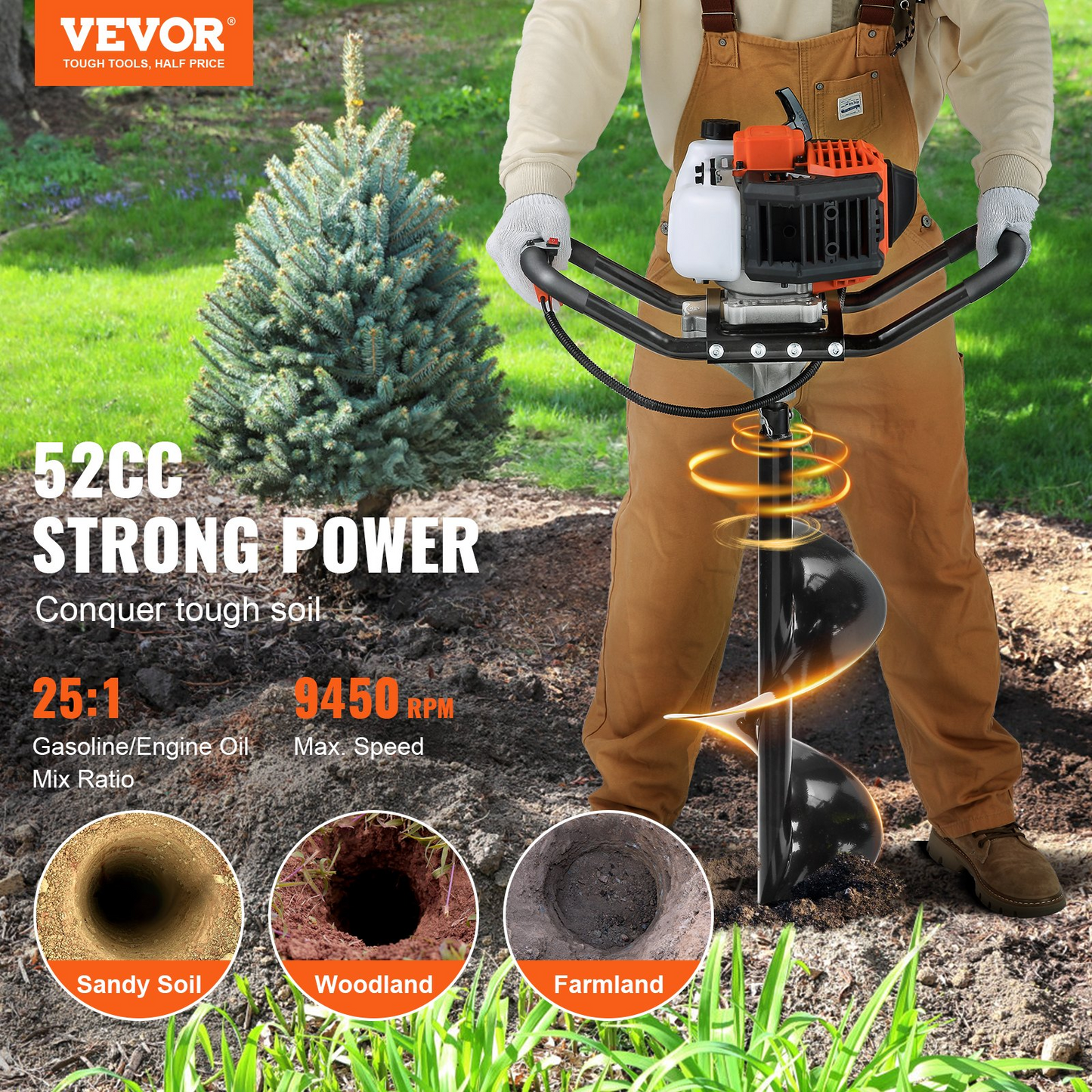 VEVOR Post Hole Digger, 52cc 1450W Auger Post Hole digger, Gas Powered Earth Digger with Two Earth Auger Drill Bit 6" & 10" and 3 Extension Rods, for Farmland, Garden and Plant, EPA certification