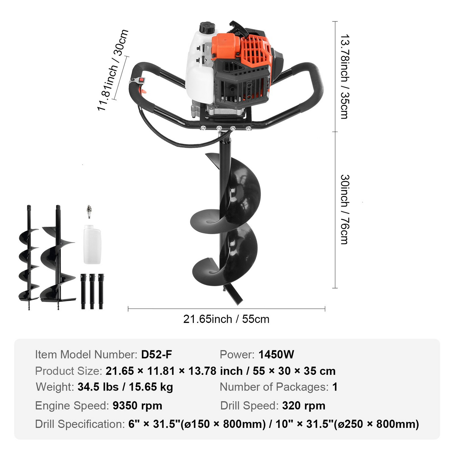 VEVOR Post Hole Digger, 52cc 1450W Auger Post Hole digger, Gas Powered Earth Digger with Two Earth Auger Drill Bit 6" & 10" and 3 Extension Rods, for Farmland, Garden and Plant, EPA certification