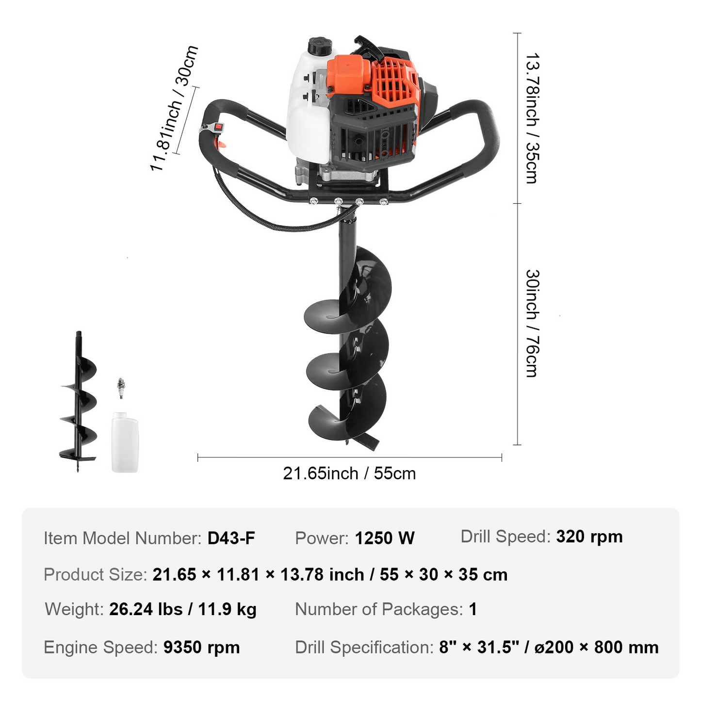 VEVOR Post Hole Digger, 43cc 1250W Auger Post Hole digger, Gas Powered Earth Digger with 8" Earth Auger Drill Bit, 30 inch Long Alloy Steel Auger, for Farmland, Garden and Plant, EPA certification