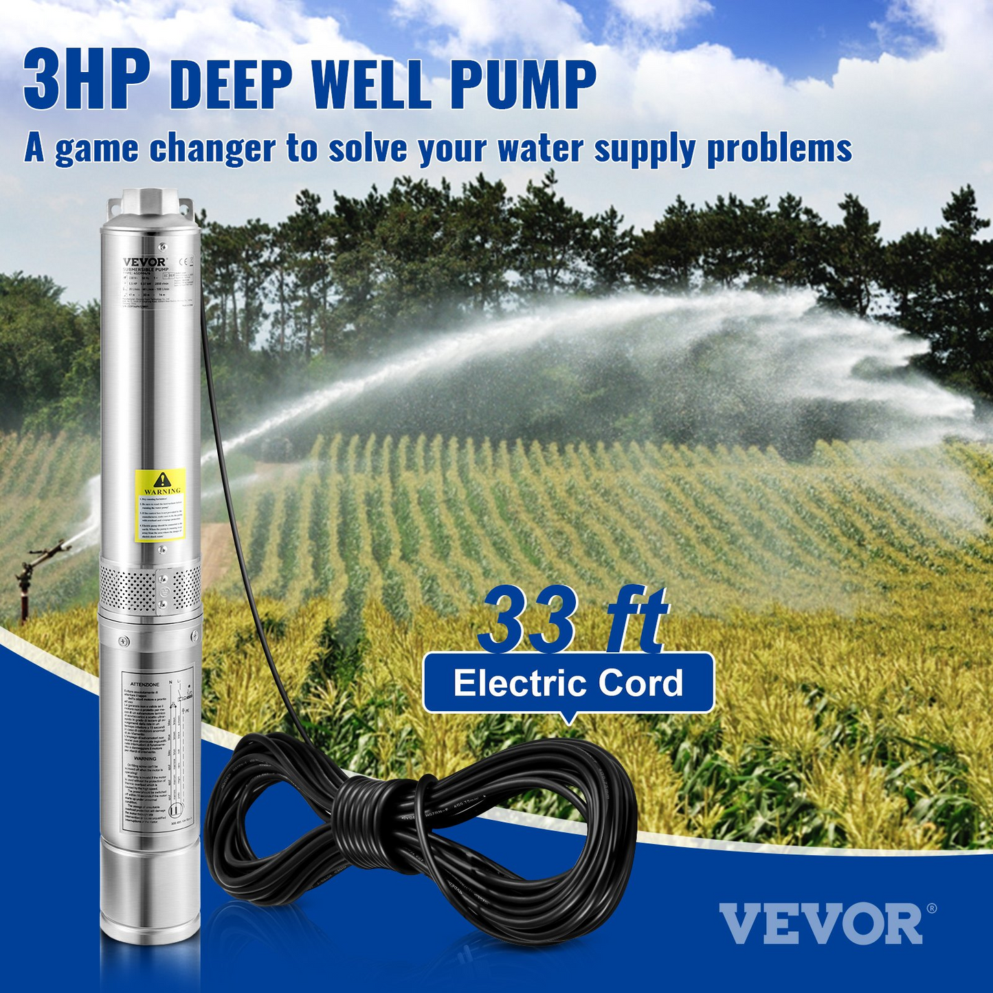 VEVOR Deep Well Submersible Pump, 3HP/2200W 230V/60Hz, 37GPM Flow 640 ft Head, with 33 ft Electric Cord, 4 inch Stainless Steel Water Pumps for Industrial, Irrigation & Home Use, IP68 Waterproof Grade