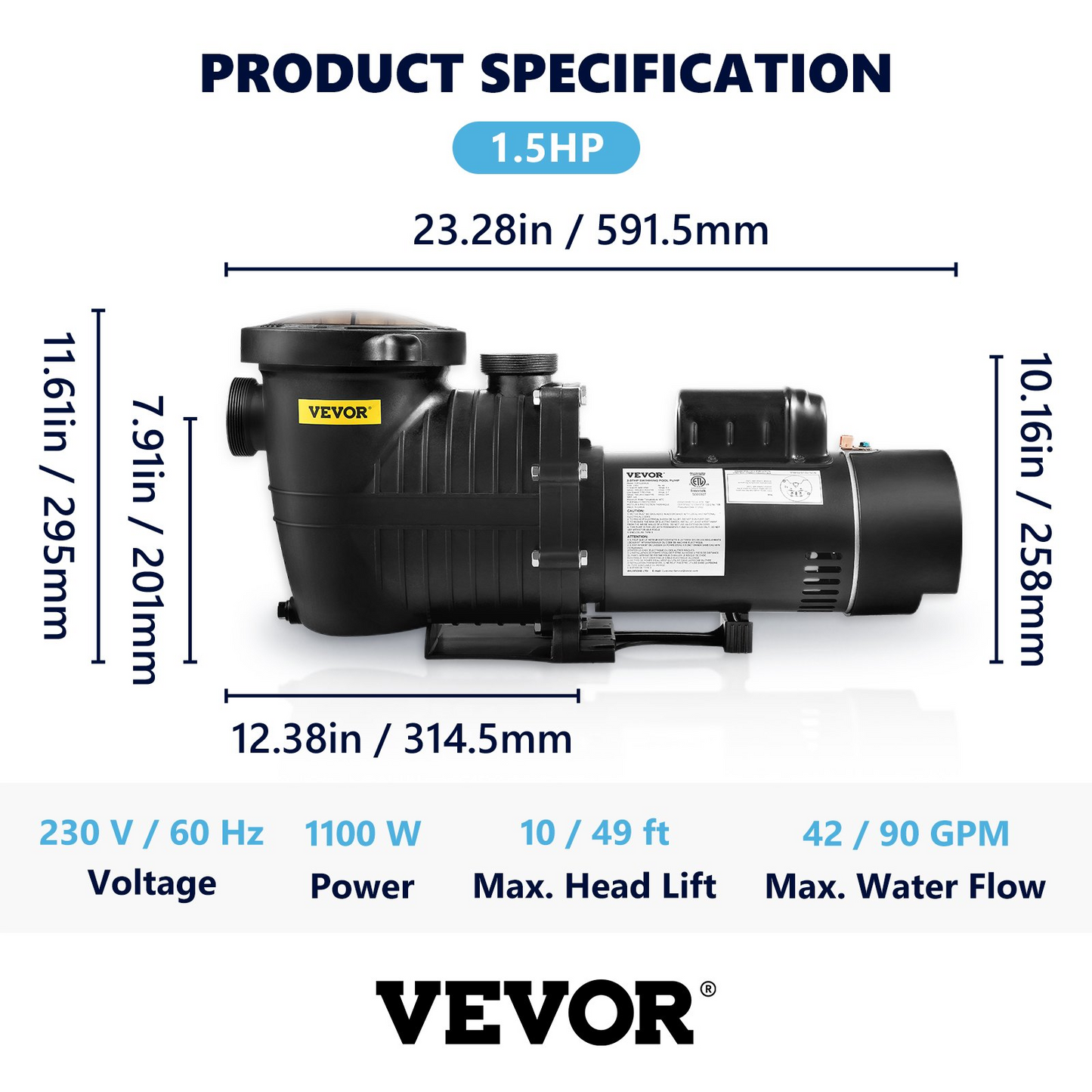 VEVOR Pool Pump 1.5HP 230V, Variable Dual Speed Pumps 1100W for Above Ground Pool, Powerful Self-priming Pump w/ Strainer Filter Basket, 5400 GPH Max. Flow, Energy Saving Swimming Pool Pump