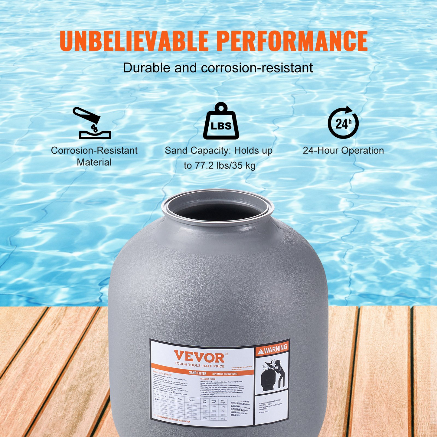 VEVOR Sand Filter, 16-inch, Up to 35 GPM Flow Rate, Above Inground Swimming Pool Sand Filter System with 7-Way Multi-Port Valve, Filter, Backwash, Rinse, Recirculate, Waste, Winter, Closed Functions