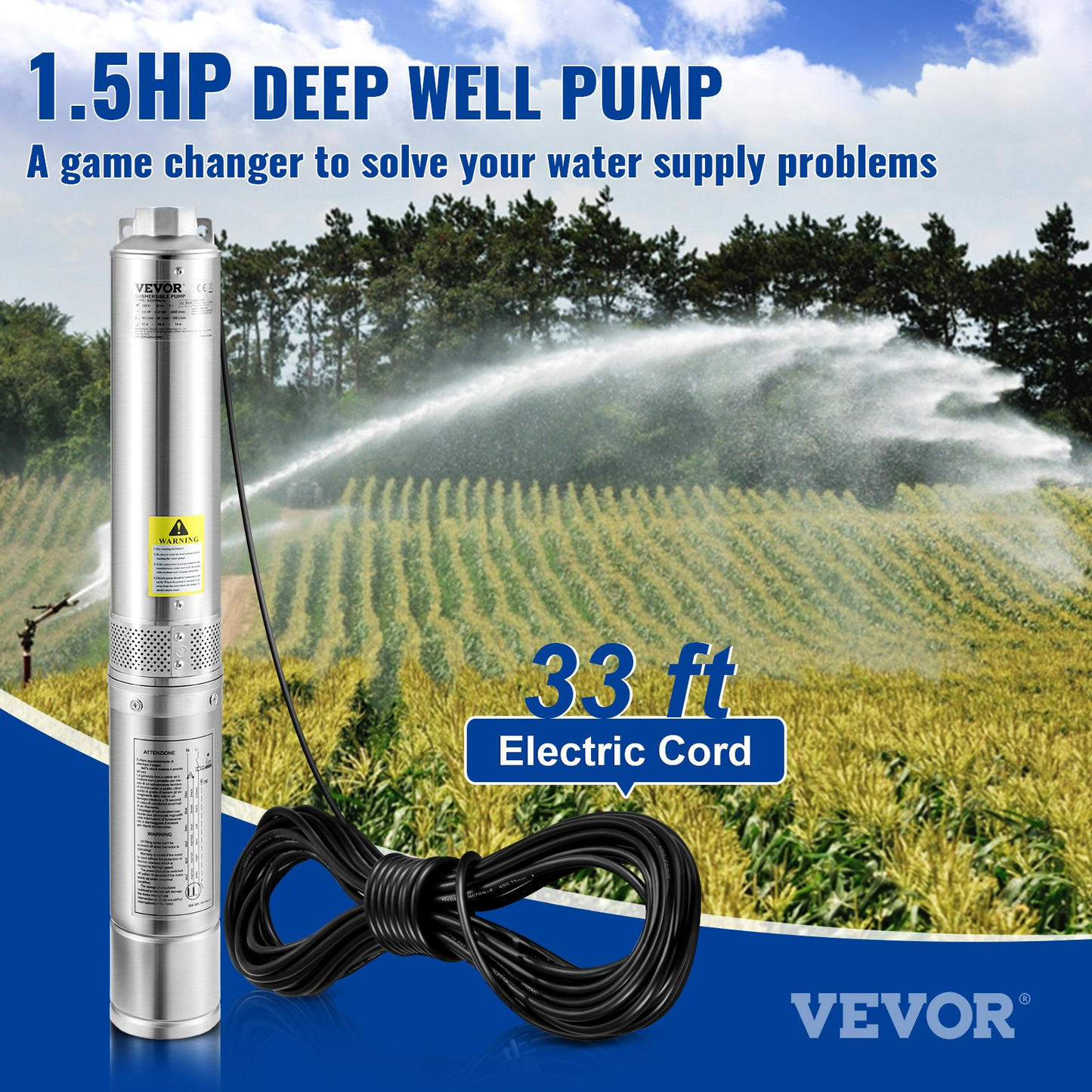 VEVOR Deep Well Submersible Pump, 1.5HP 230V/60Hz, 37gpm 276ft Head, with 33ft Electric Cord, 4" Stainless Steel Water Pumps for Industrial, Irrigation and Home Use, IP68 Waterproof Grade