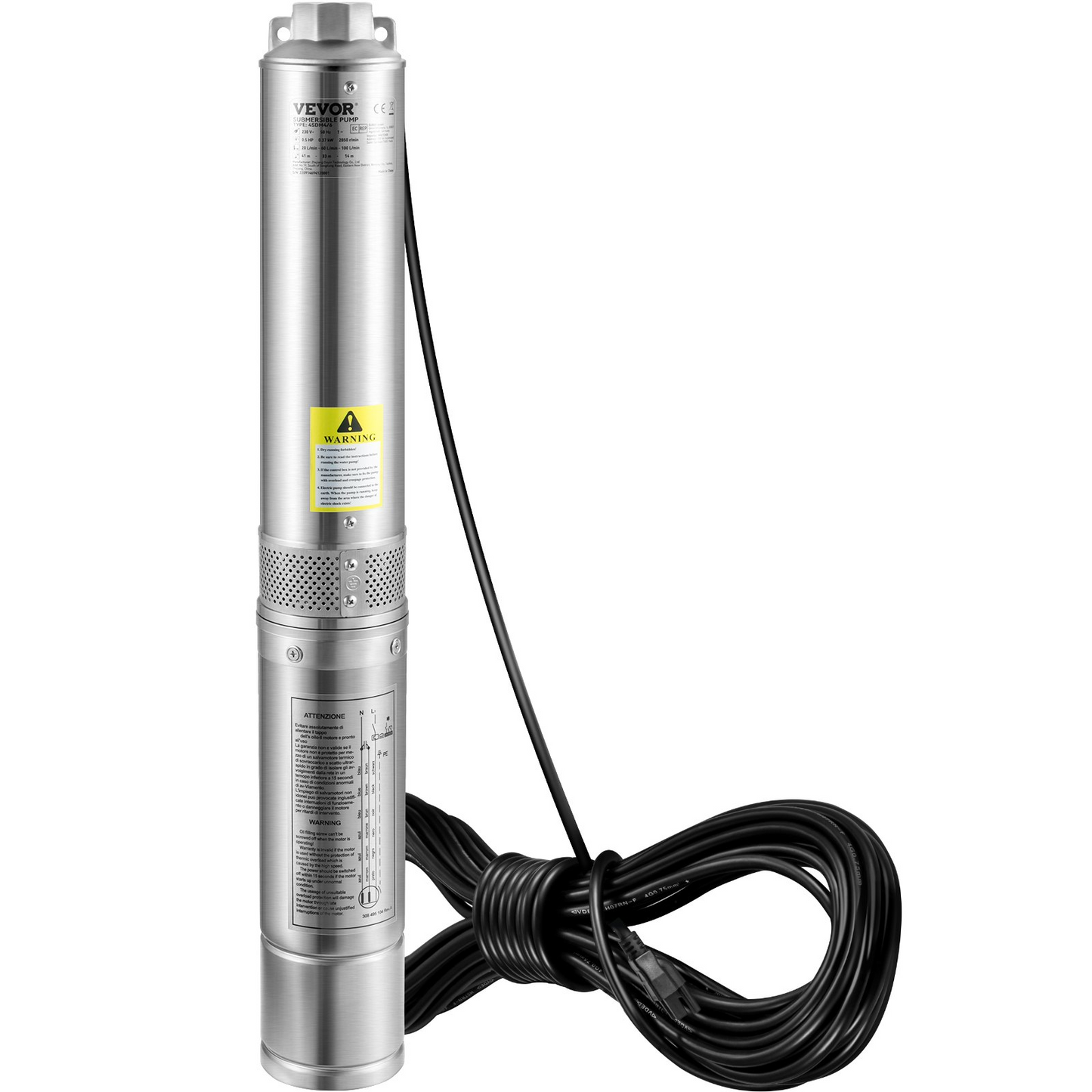 VEVOR Deep Well Submersible Pump, 1.5HP 230V/60Hz, 37gpm 276ft Head, with 33ft Electric Cord, 4" Stainless Steel Water Pumps for Industrial, Irrigation and Home Use, IP68 Waterproof Grade