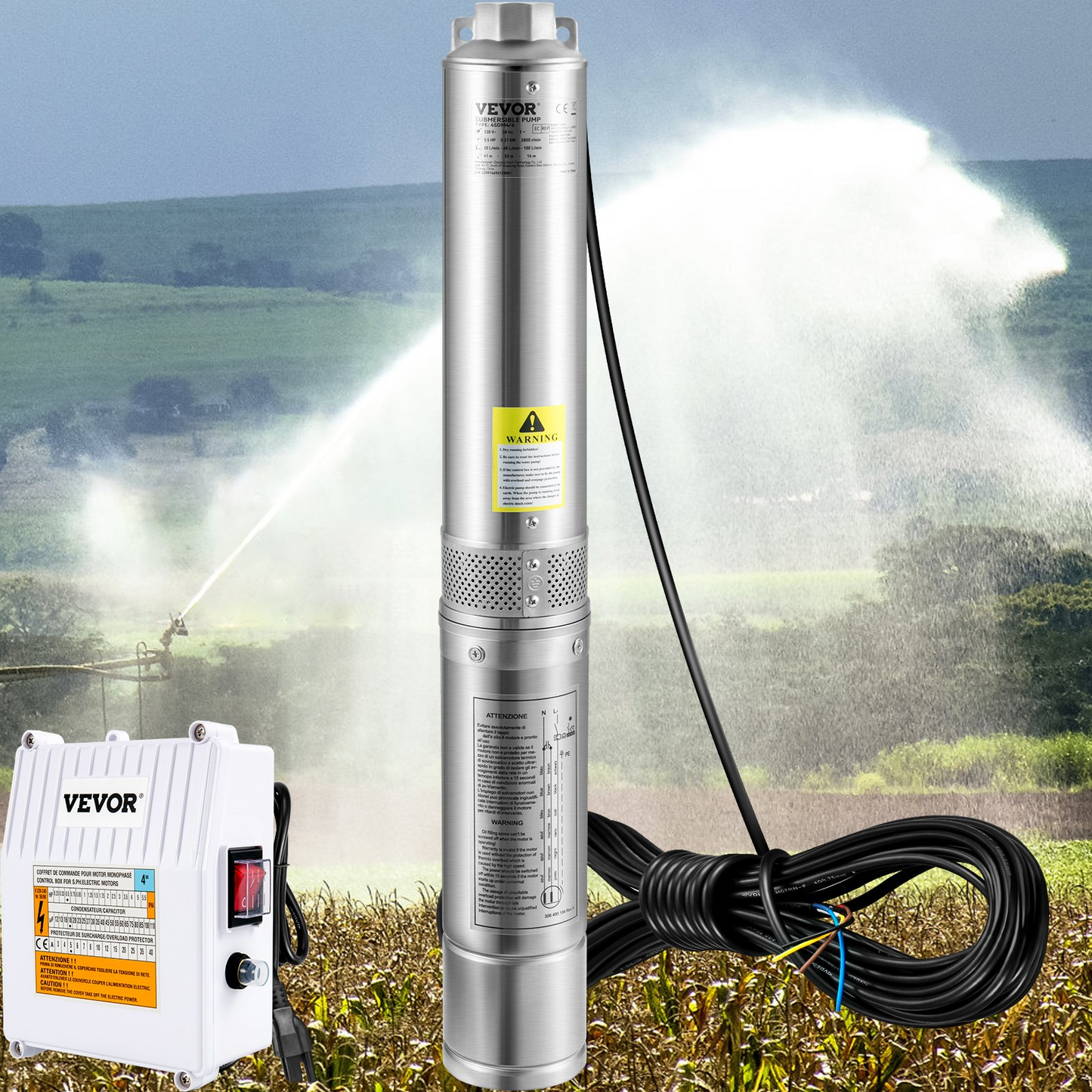 VEVOR Deep Well Submersible Pump, 1.5HP 115V/60Hz, 37gpm 276ft Head, with 33ft Cord & External Control Box, 4" Stainless Steel Water Pump for Industrial, Irrigation and Home Use, IP68 Waterproof