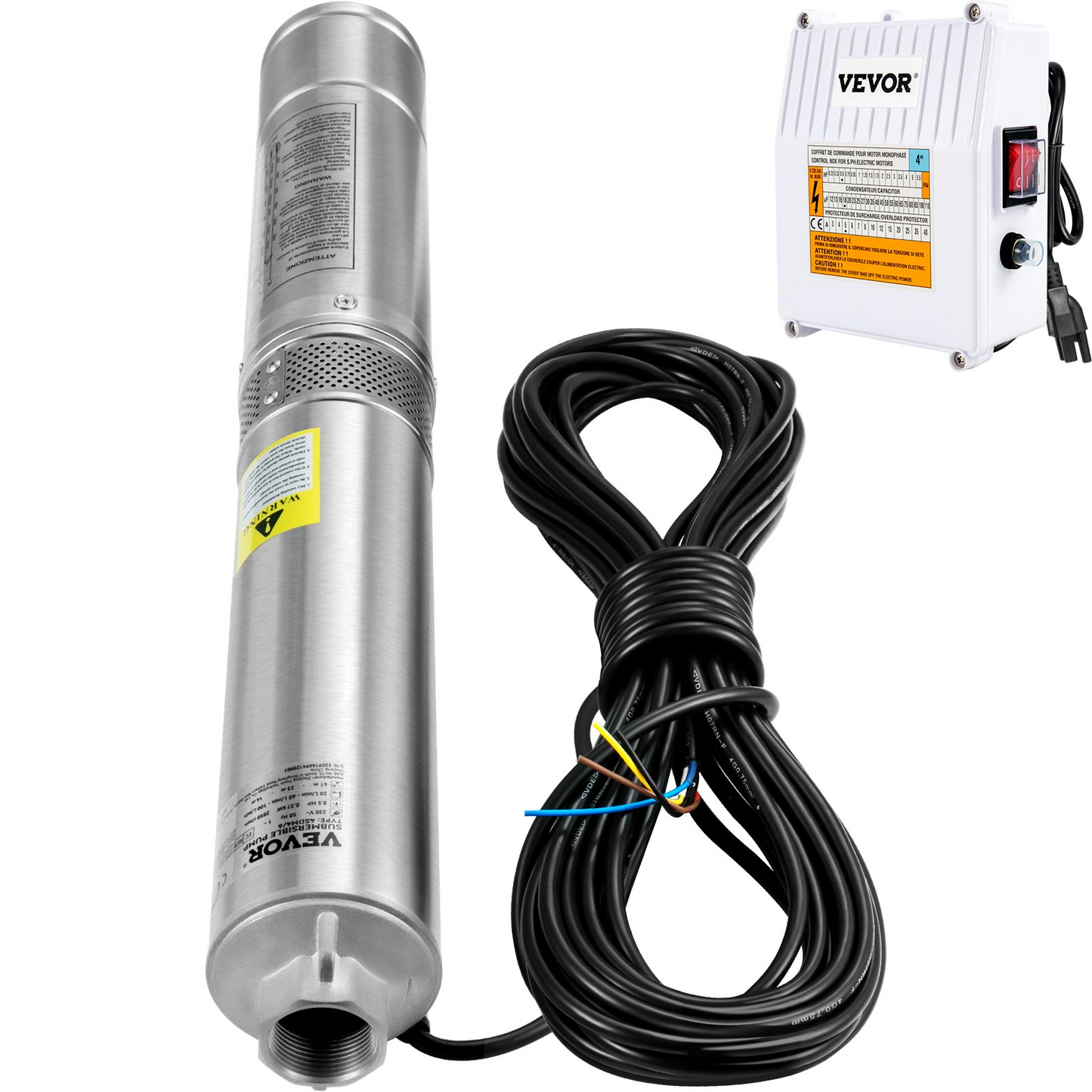 VEVOR Deep Well Submersible Pump, 1.5HP 115V/60Hz, 37gpm 276ft Head, with 33ft Cord & External Control Box, 4" Stainless Steel Water Pump for Industrial, Irrigation and Home Use, IP68 Waterproof