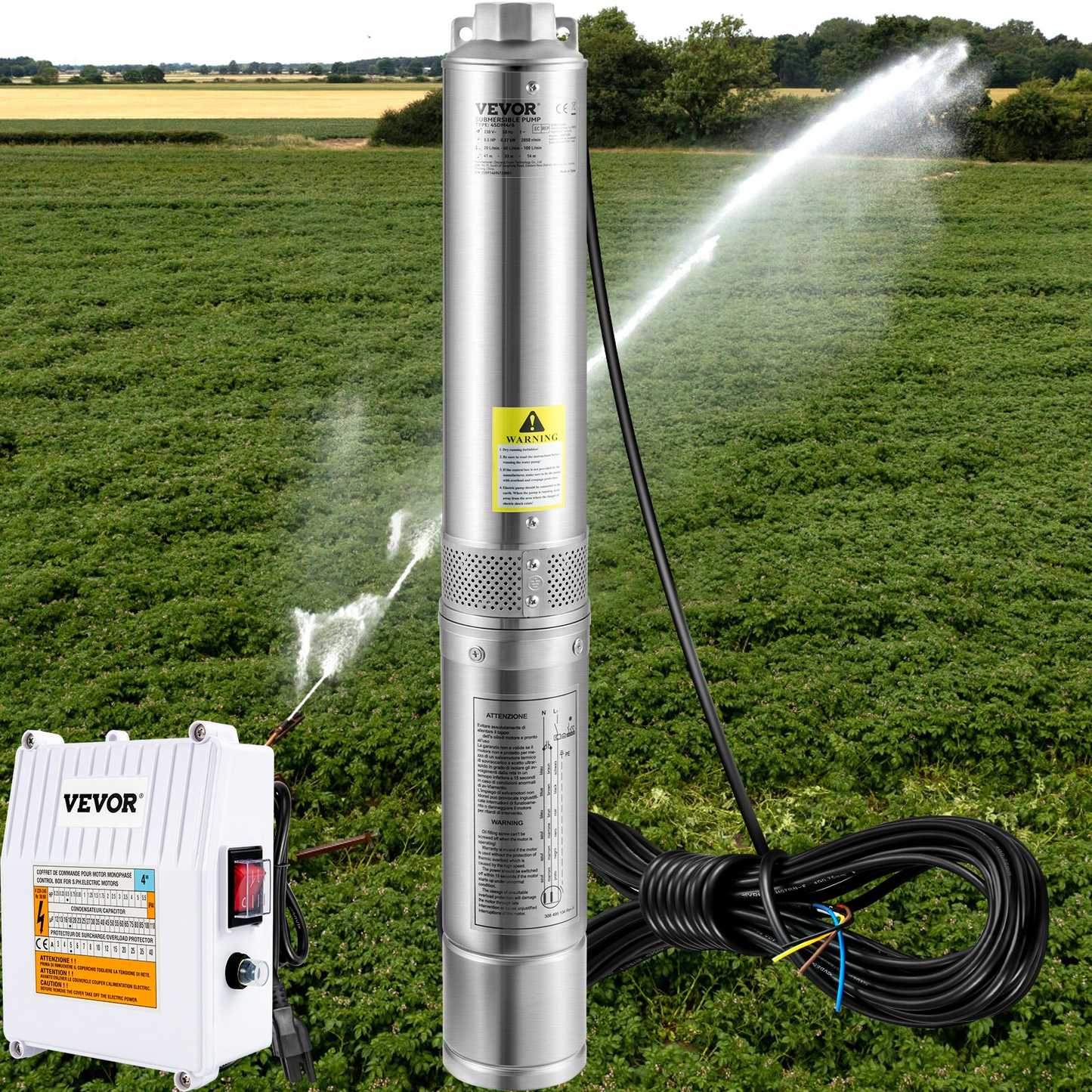 VEVOR Deep Well Submersible Pump, 2HP 230V/60Hz, 37GPM 427 ft Head, with 33 ft Cord & External Control Box, 4 inch Stainless Steel Water Pumps for Industrial, Irrigation and Home Use, IP68 Waterproof