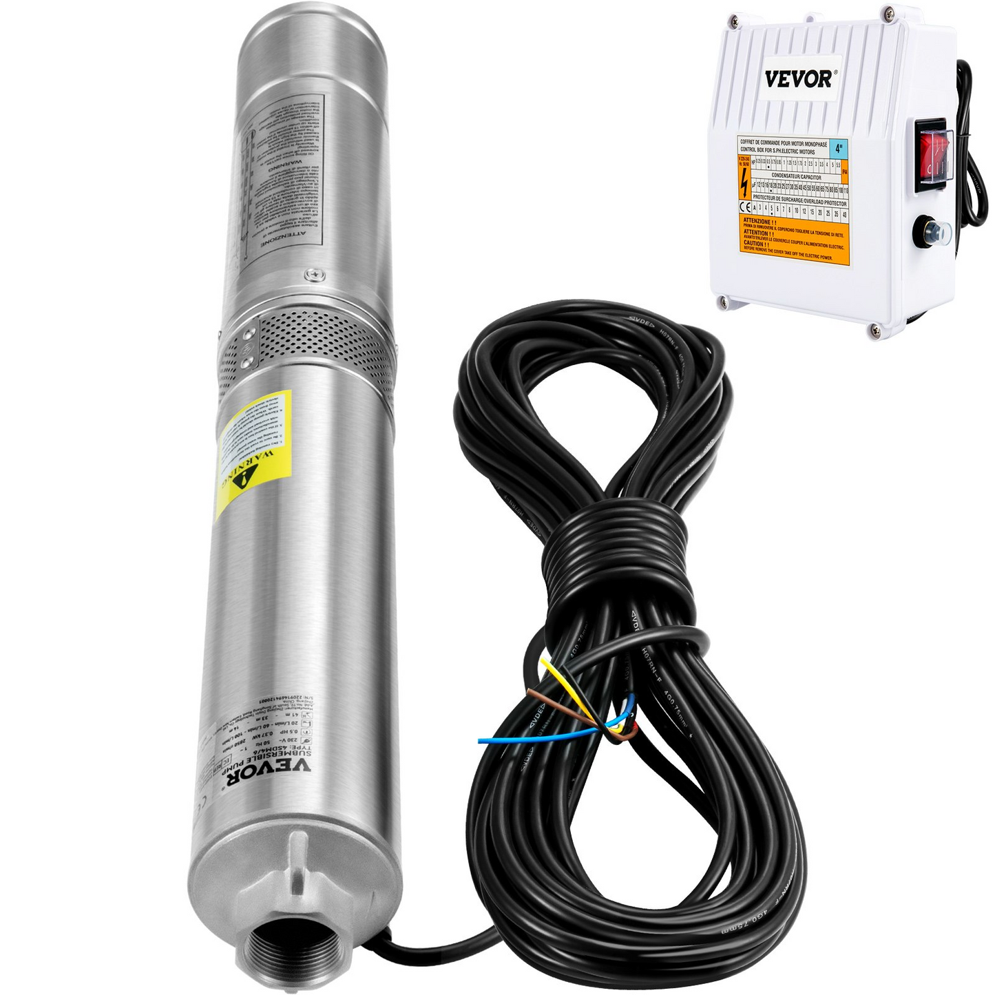 VEVOR Deep Well Submersible Pump, 2HP 230V/60Hz, 37GPM 427 ft Head, with 33 ft Cord & External Control Box, 4 inch Stainless Steel Water Pumps for Industrial, Irrigation and Home Use, IP68 Waterproof