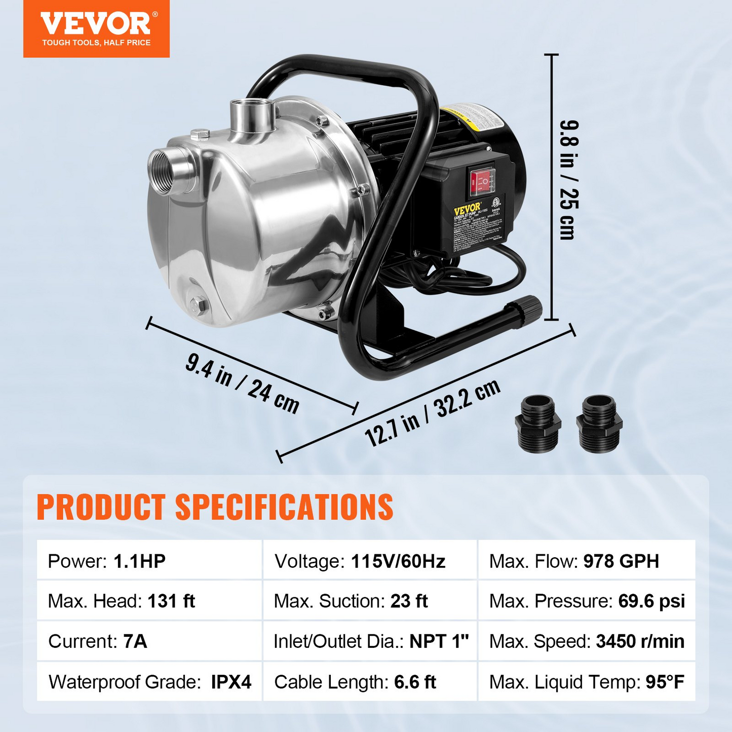 VEVOR Shallow Well Pump Portable Garden Water Jet Pump 1.1HP 978 GPH 131 ft Head