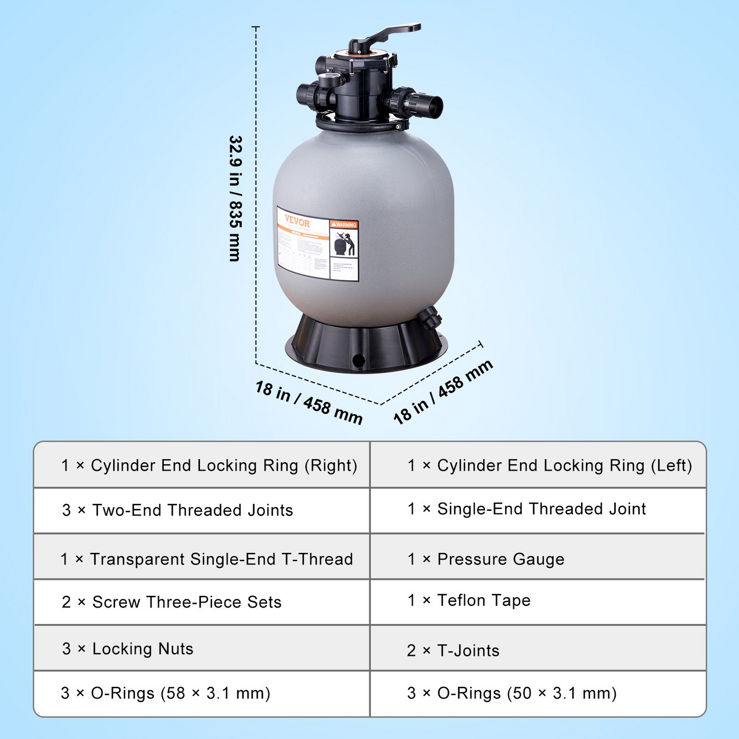 VEVOR Sand Filter, 19-inch, Up to 45 GPM Flow Rate, Above Inground Swimming Pool Sand Filter System with 7-Way Multi-Port Valve, Filter, Backwash, Rinse, Recirculate, Waste, Winter, Closed Functions