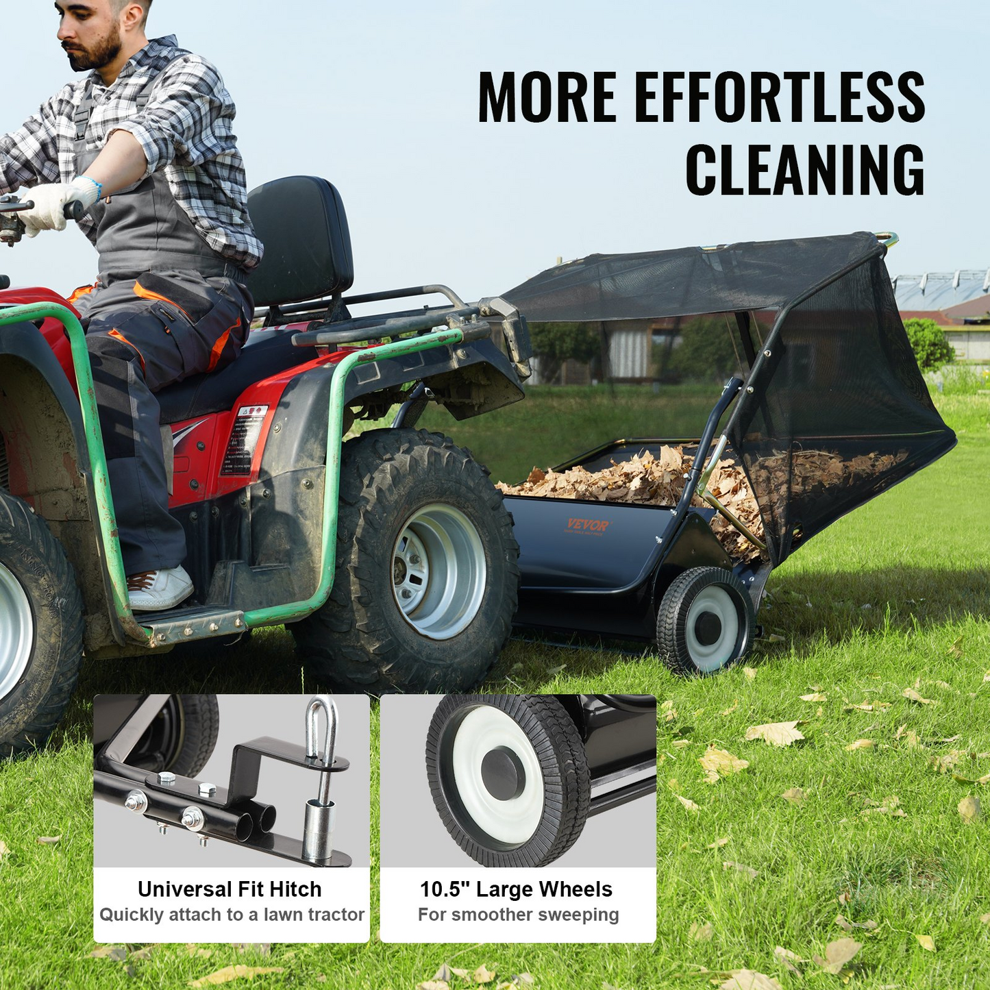 VEVOR Lawn Sweeper, 42.5", 25 cu. ft. Tow Behind Yard Sweeper, Dumping Rope Design & Heavy Duty, Durable to Use, Leaf & Grass Collector with Adjustable Sweeping Height for Picking Up Debris and Grass