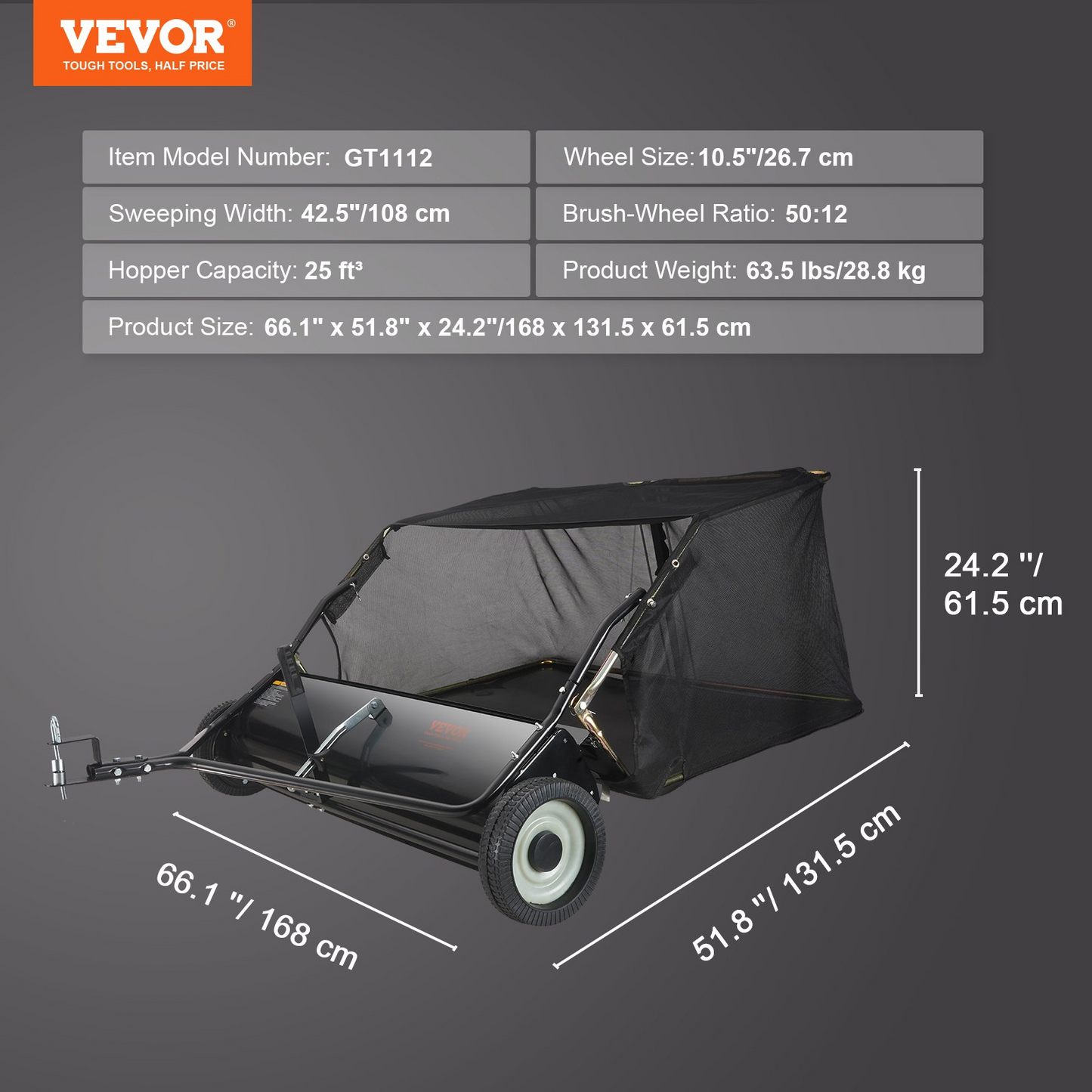 VEVOR Lawn Sweeper, 42.5", 25 cu. ft. Tow Behind Yard Sweeper, Dumping Rope Design & Heavy Duty, Durable to Use, Leaf & Grass Collector with Adjustable Sweeping Height for Picking Up Debris and Grass