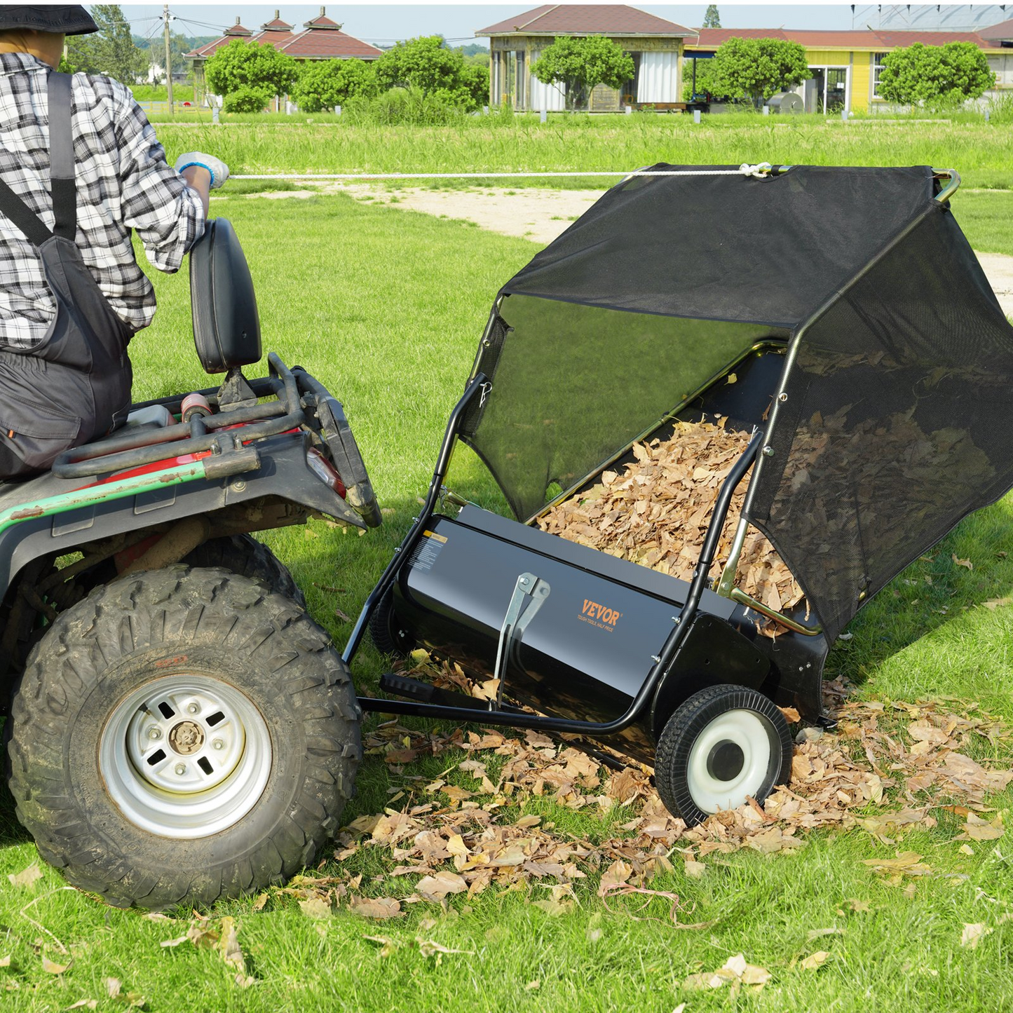 VEVOR Lawn Sweeper, 42.5", 25 cu. ft. Tow Behind Yard Sweeper, Dumping Rope Design & Heavy Duty, Durable to Use, Leaf & Grass Collector with Adjustable Sweeping Height for Picking Up Debris and Grass