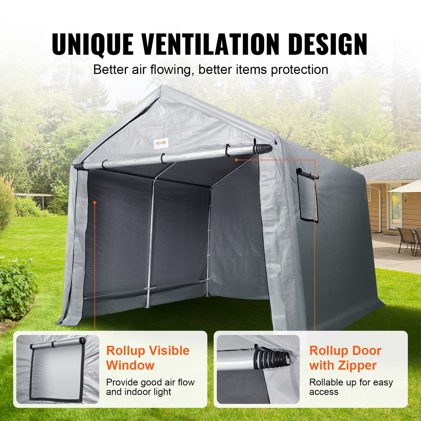 VEVOR Portable Shed Outdoor Storage Shelter, 7 x 12 x 7.36 ft Heavy Duty Instant Storage Tent Tarp Sheds with Roll-up Zipper Door and Ventilated Windows For Motorcycle, Bike, Garden Tools