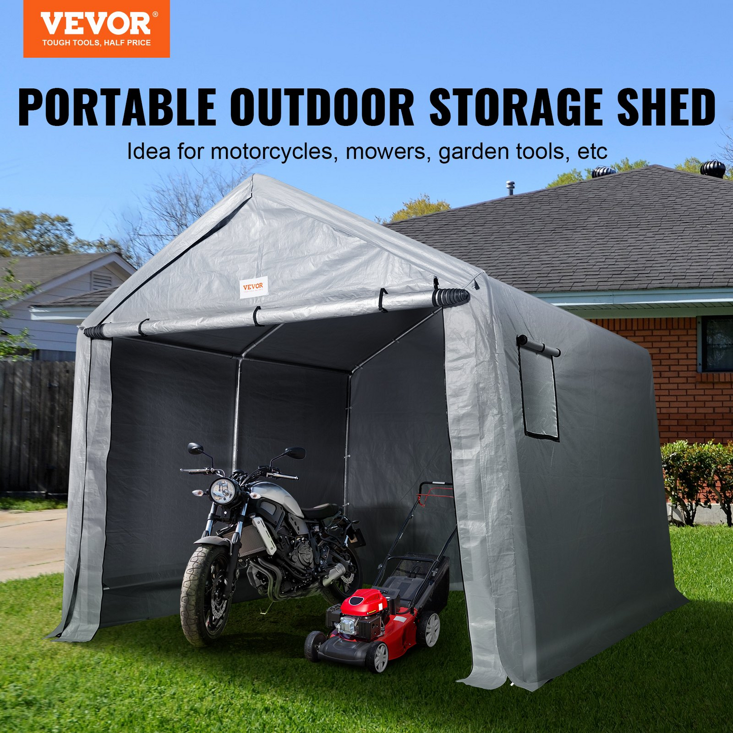 VEVOR Portable Shed Outdoor Storage Shelter, 7 x 12 x 7.36 ft Heavy Duty Instant Storage Tent Tarp Sheds with Roll-up Zipper Door and Ventilated Windows For Motorcycle, Bike, Garden Tools