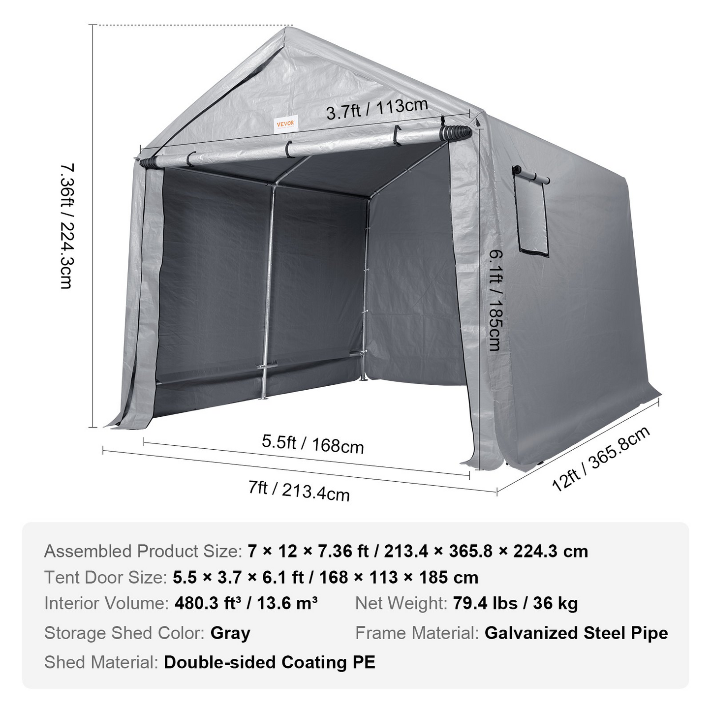 VEVOR Portable Shed Outdoor Storage Shelter, 7 x 12 x 7.36 ft Heavy Duty Instant Storage Tent Tarp Sheds with Roll-up Zipper Door and Ventilated Windows For Motorcycle, Bike, Garden Tools