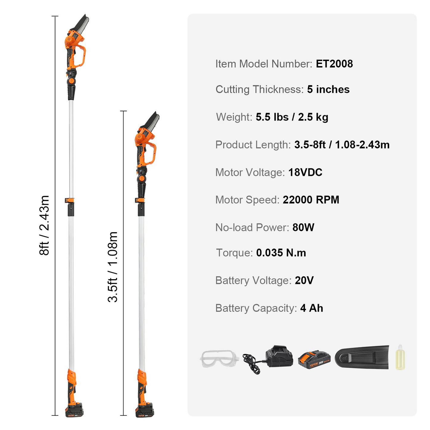 VEVOR 2-in-1 Cordless Pole Saw & Mini Chainsaw, 20V 4Ah Battery Pole Chainsaw, 5" Cutting Capacity 8 ft Reach Pole Saw for Branch Cutting & Tree Trimming (Battery and Blade Cover Included)