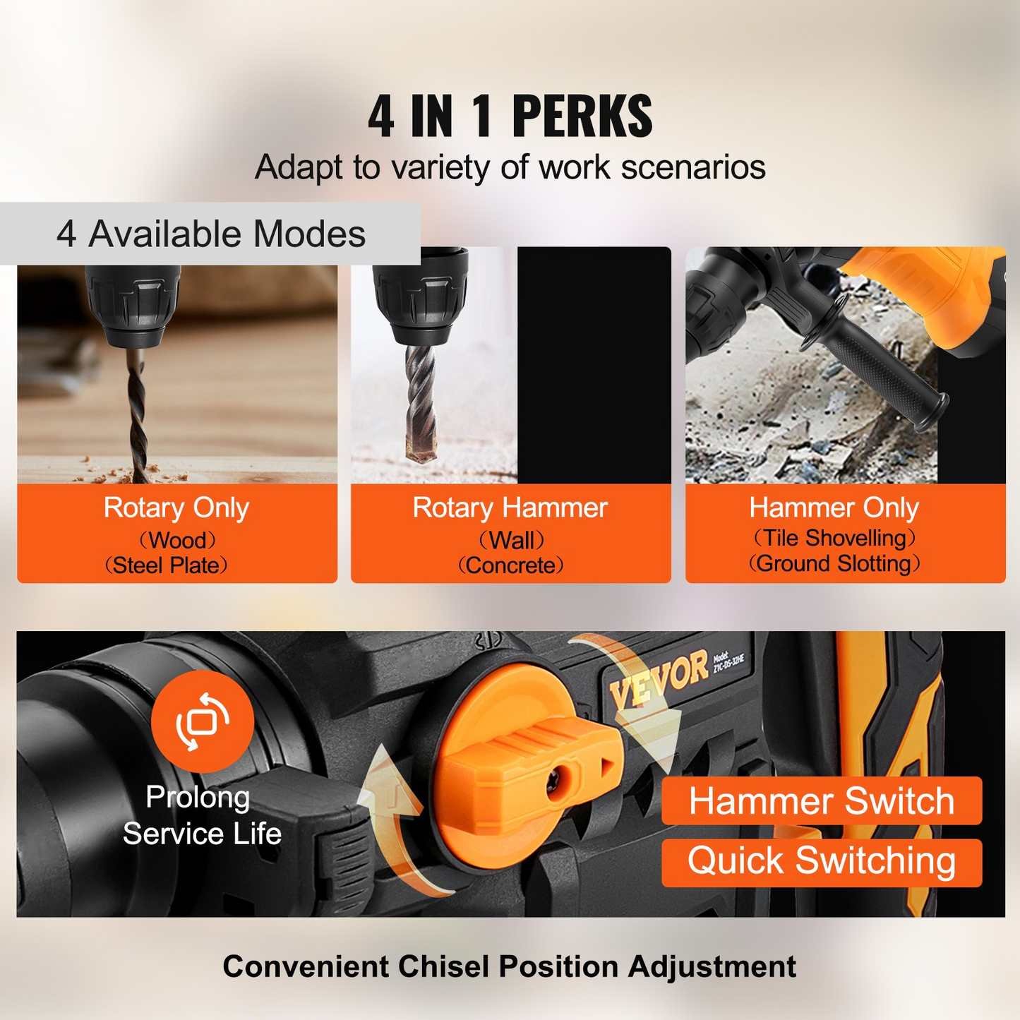 VEVOR Rotary Hammer Drill Corded Drills 1-1/4" 4 Modes SDS-Plus Chipping Hammers