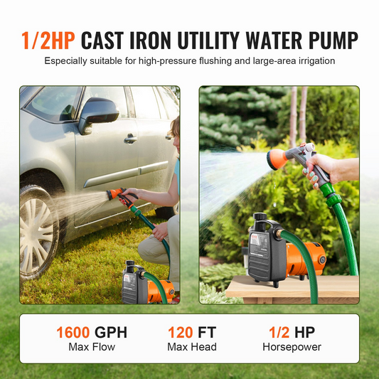 VEVOR Cast Iron Water Transfer Pump, 115V AC 1600 GPH 1/2HP, Portable Electric Utility Pump with Carbon Brush, Filter, Brass Connectors, for Garden, Rain Barrel, Pool, Pond, Hot Tub, Aquarium Draining