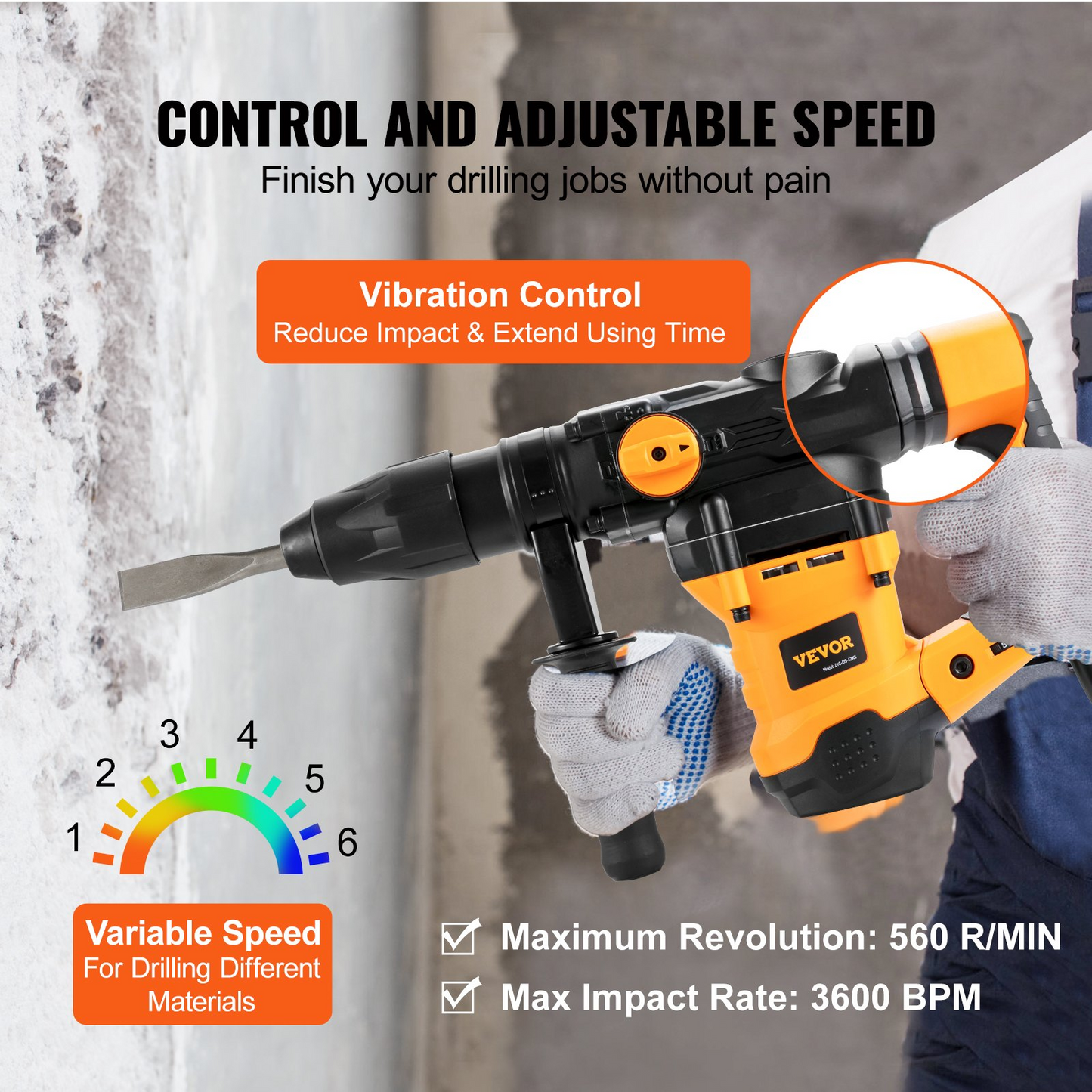 VEVOR Rotary Hammer Drill Corded Drills 1-9/16" 3 Modes SDS-MAX Chipping Hammers