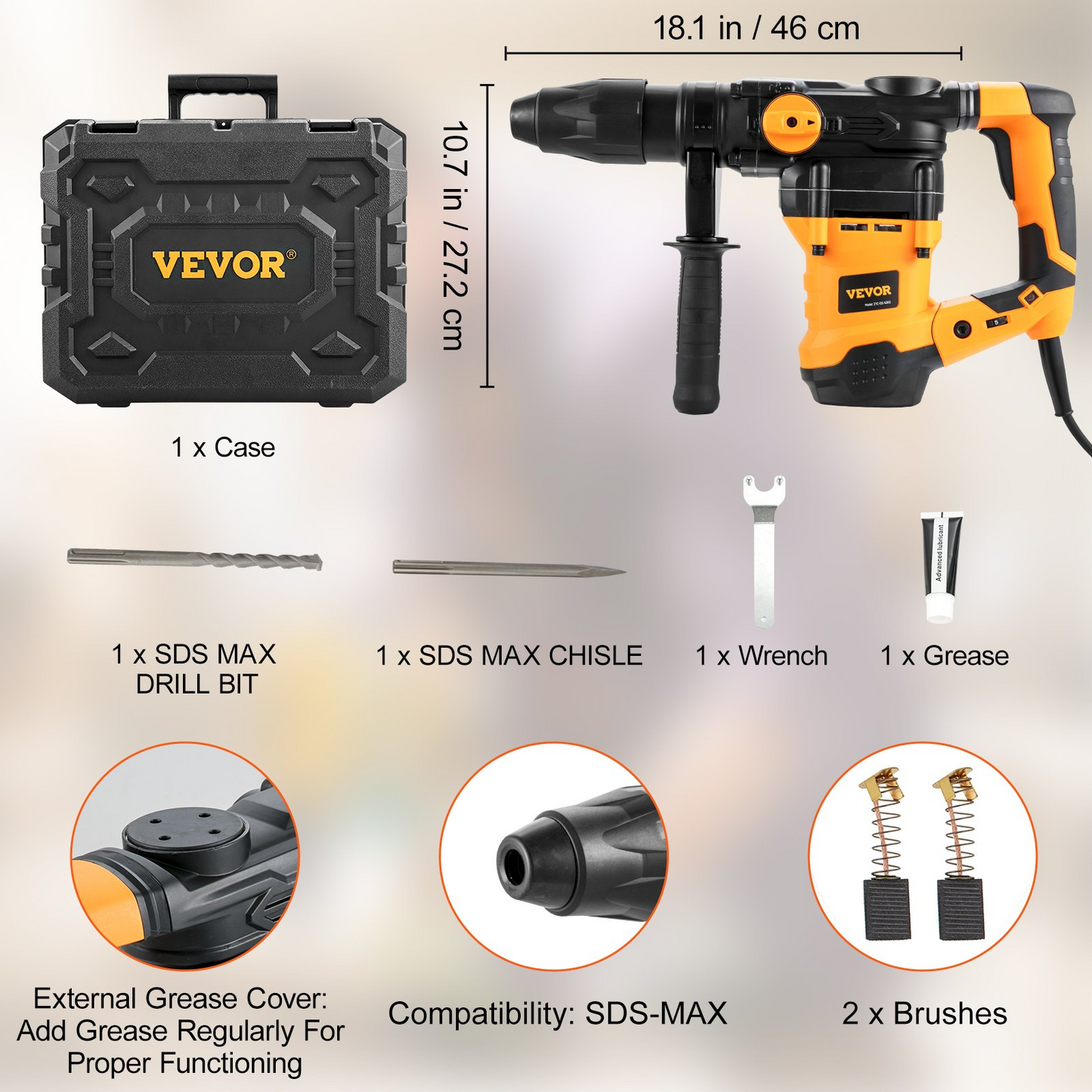 VEVOR Rotary Hammer Drill Corded Drills 1-9/16" 3 Modes SDS-MAX Chipping Hammers