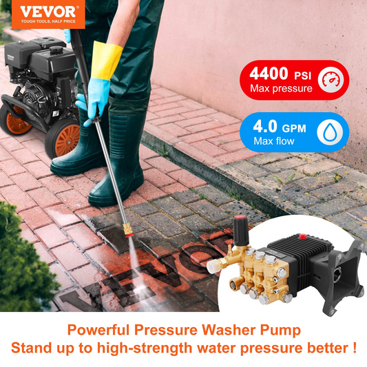 VEVOR Pressure Washer Pump, 1" Shaft Horizontal Triplex Plunger, 4400 PSI, 4 GPM Flow, Replacement Power Washer Pumps Kit, Parts Washer Pump, Compatible with Simpson MorFlex Models 40224, 40225, 40226