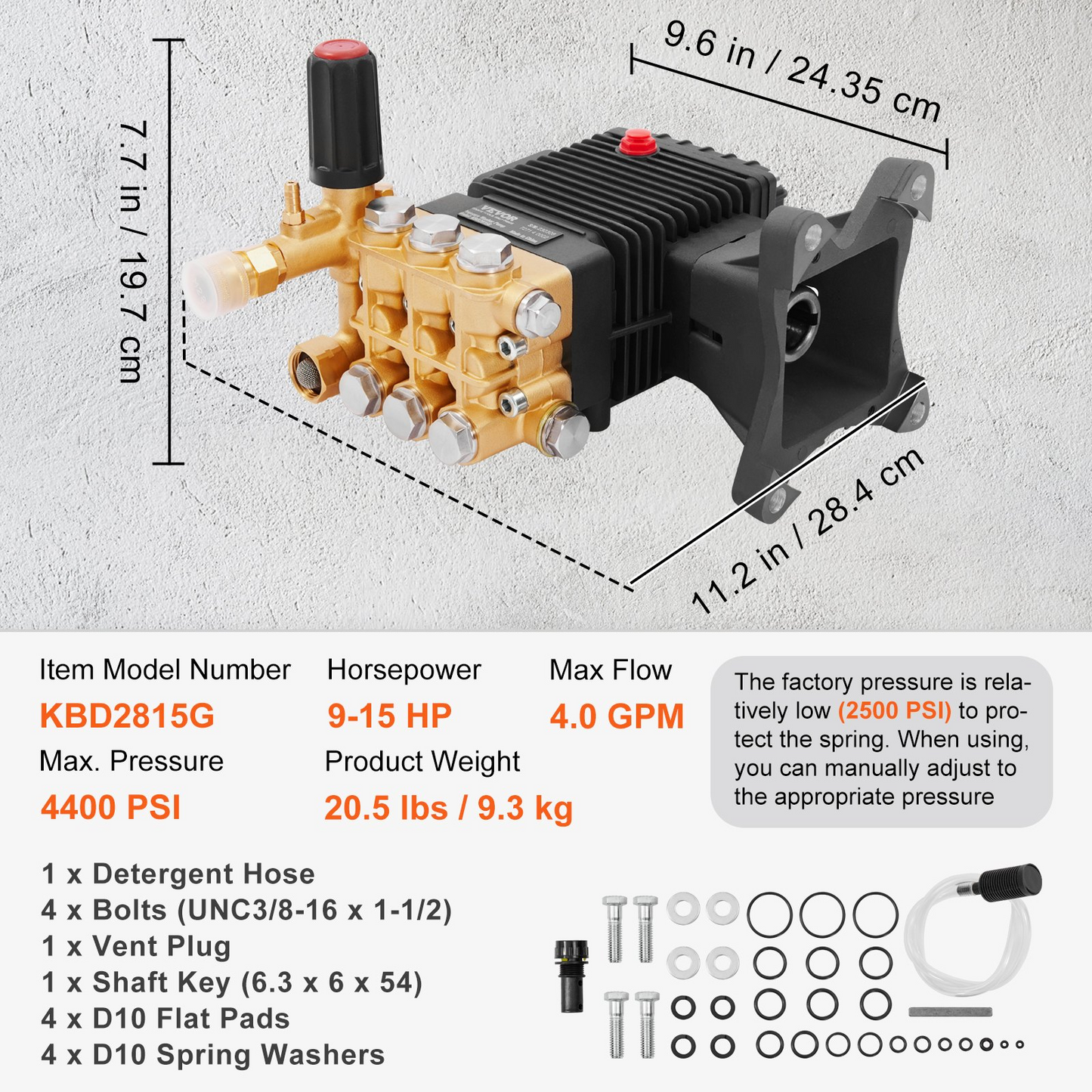 VEVOR Pressure Washer Pump, 1" Shaft Horizontal Triplex Plunger, 4400 PSI, 4 GPM Flow, Replacement Power Washer Pumps Kit, Parts Washer Pump, Compatible with Simpson MorFlex Models 40224, 40225, 40226