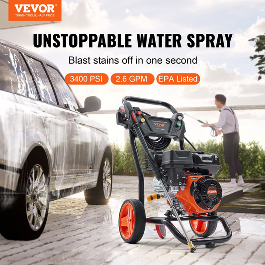 VEVOR Gas Pressure Washer, 3400 PSI 2.6 GPM, Gas Powered Pressure Washer with Aluminum Pump, Spray Gun and Extension Wand, 5 Quick Connect Nozzles, for Cleaning Cars, Homes, Driveways, Patios