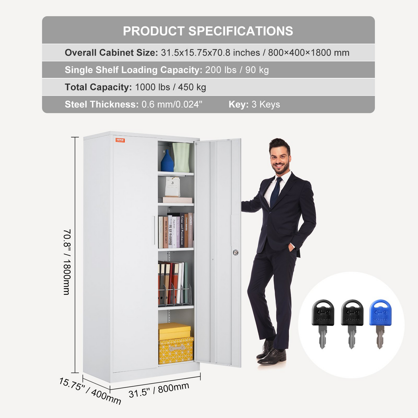 VEVOR Metal Storage Cabinet, Steel Locking Storage Cabinet with 2 Magnetic Doors and 4 Adjustable Shelves, 71'' Metal Cabinet 200 lbs Capacity per Shelf with 3 Keys, for Garage, Office, Home, White