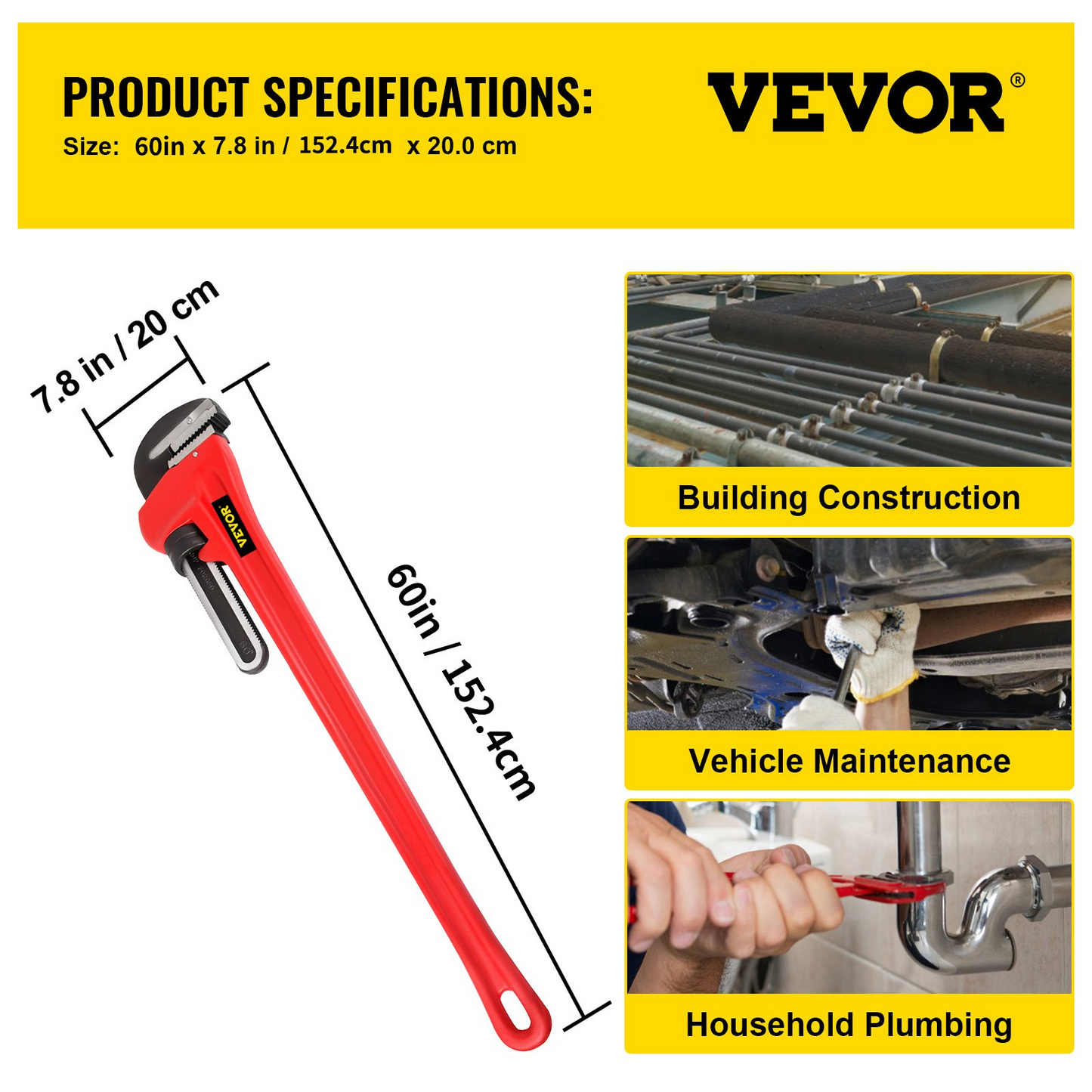 VEVOR Pipe Wrench, 60 inch, Heavy Duty Cast Iron Straight Plumbing Wrench, Adjustable Plumber Tool for Sink Faucet Toilet Bowl Bathroom Kitchen Drainer Repair Installation