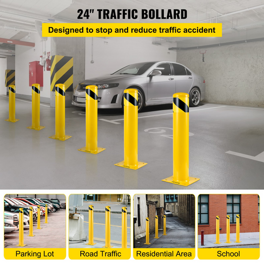 VEVOR Safety Bollard, 24"x5.5" Safety Barrier Bollard, 5-1/2" OD 24" Height Yellow Powder Coat Pipe Steel Safety Barrier with 4 Free Anchor Bolts for Traffic-Sensitive Area