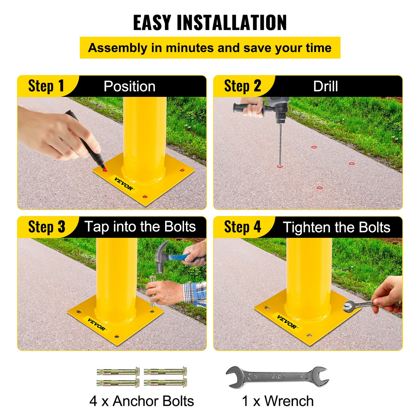 VEVOR Safety Bollard, 24"x5.5" Safety Barrier Bollard, 5-1/2" OD 24" Height Yellow Powder Coat Pipe Steel Safety Barrier with 4 Free Anchor Bolts for Traffic-Sensitive Area