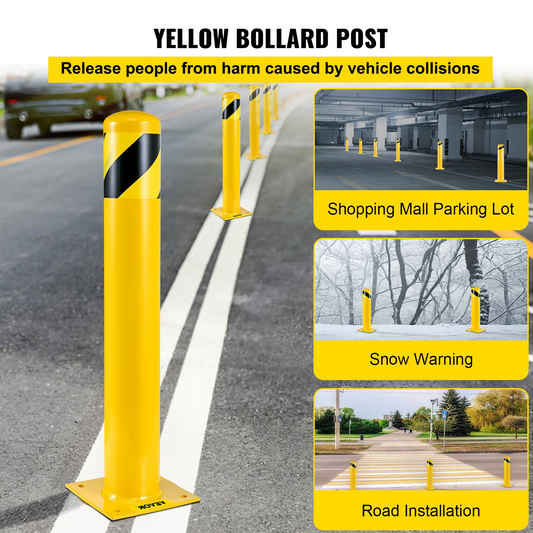 VEVOR Safety Bollard, 48 Inch Height Bollard Post, 4.5 Inch Diameter Steel Pipe Safety Bollard Post, Yellow Steel Bollard, Steel Safety Bollard with 8 Anchor Bolts, Perfect for Traffic-Sensitive Area