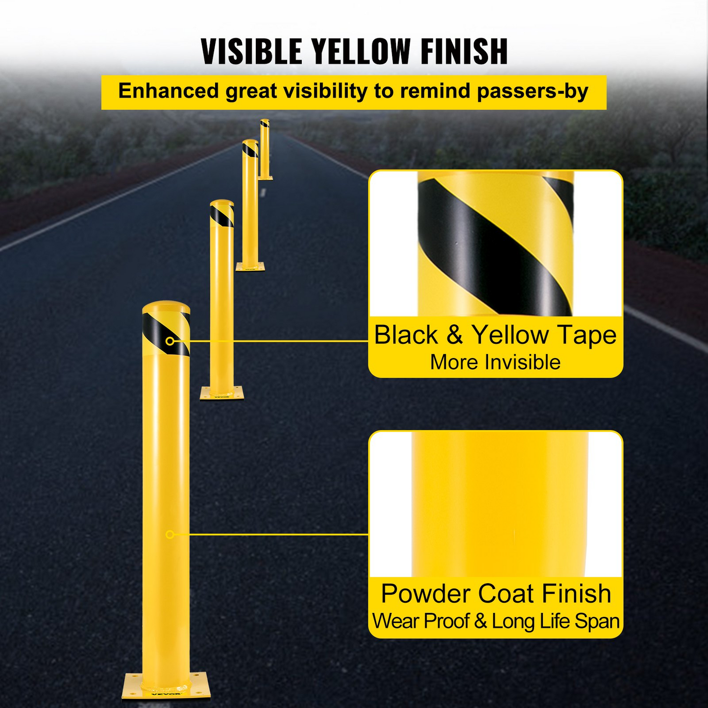 VEVOR Safety Bollard, 48 Inch Height Bollard Post, 4.5 Inch Diameter Steel Pipe Safety Bollard Post, Yellow Steel Bollard, Steel Safety Bollard with 8 Anchor Bolts, Perfect for Traffic-Sensitive Area