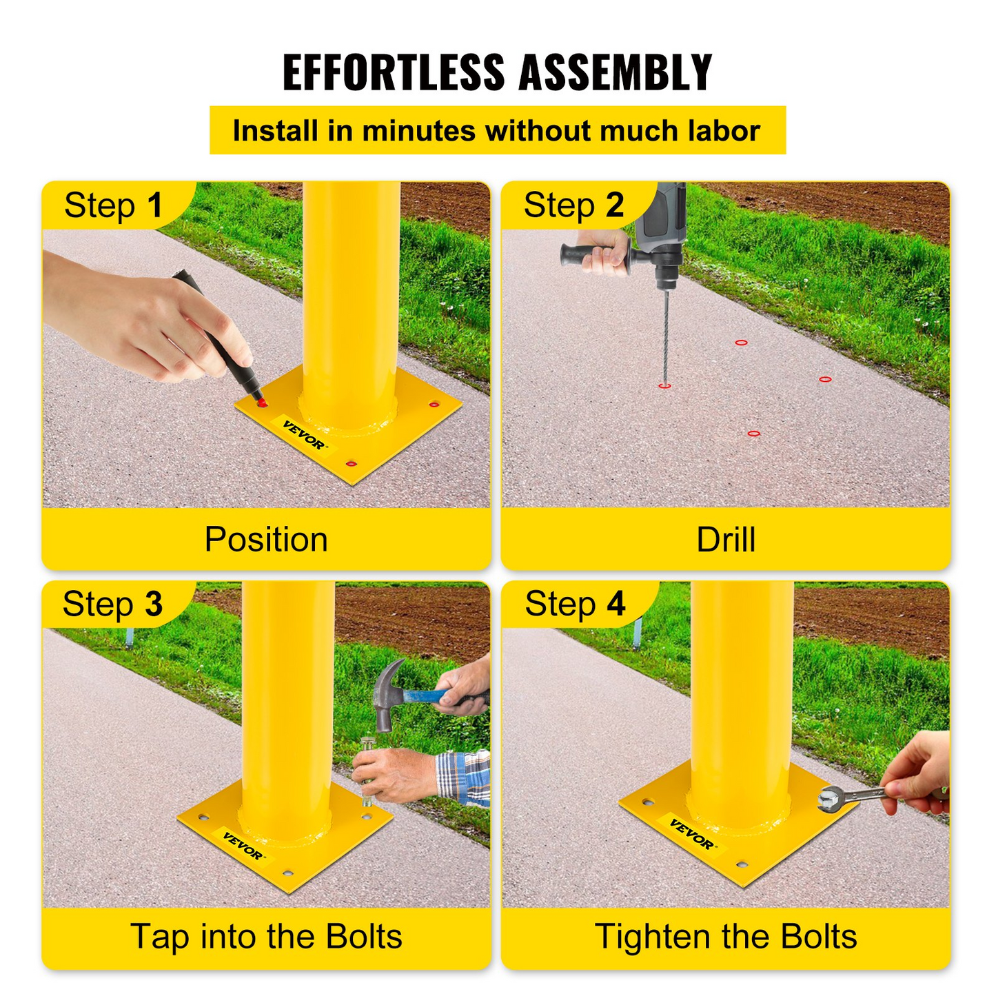 VEVOR Safety Bollard, 48 Inch Height Bollard Post, 4.5 Inch Diameter Steel Pipe Safety Bollard Post, Yellow Steel Bollard, Steel Safety Bollard with 8 Anchor Bolts, Perfect for Traffic-Sensitive Area