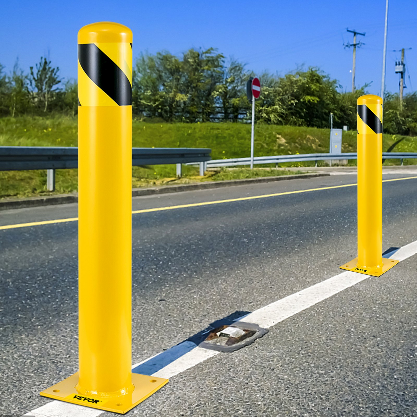 VEVOR Safety Bollard, 48 Inch Height Bollard Post, 4.5 Inch Diameter Steel Pipe Safety Bollard Post, Yellow Steel Bollard, Steel Safety Bollard with 8 Anchor Bolts, Perfect for Traffic-Sensitive Area