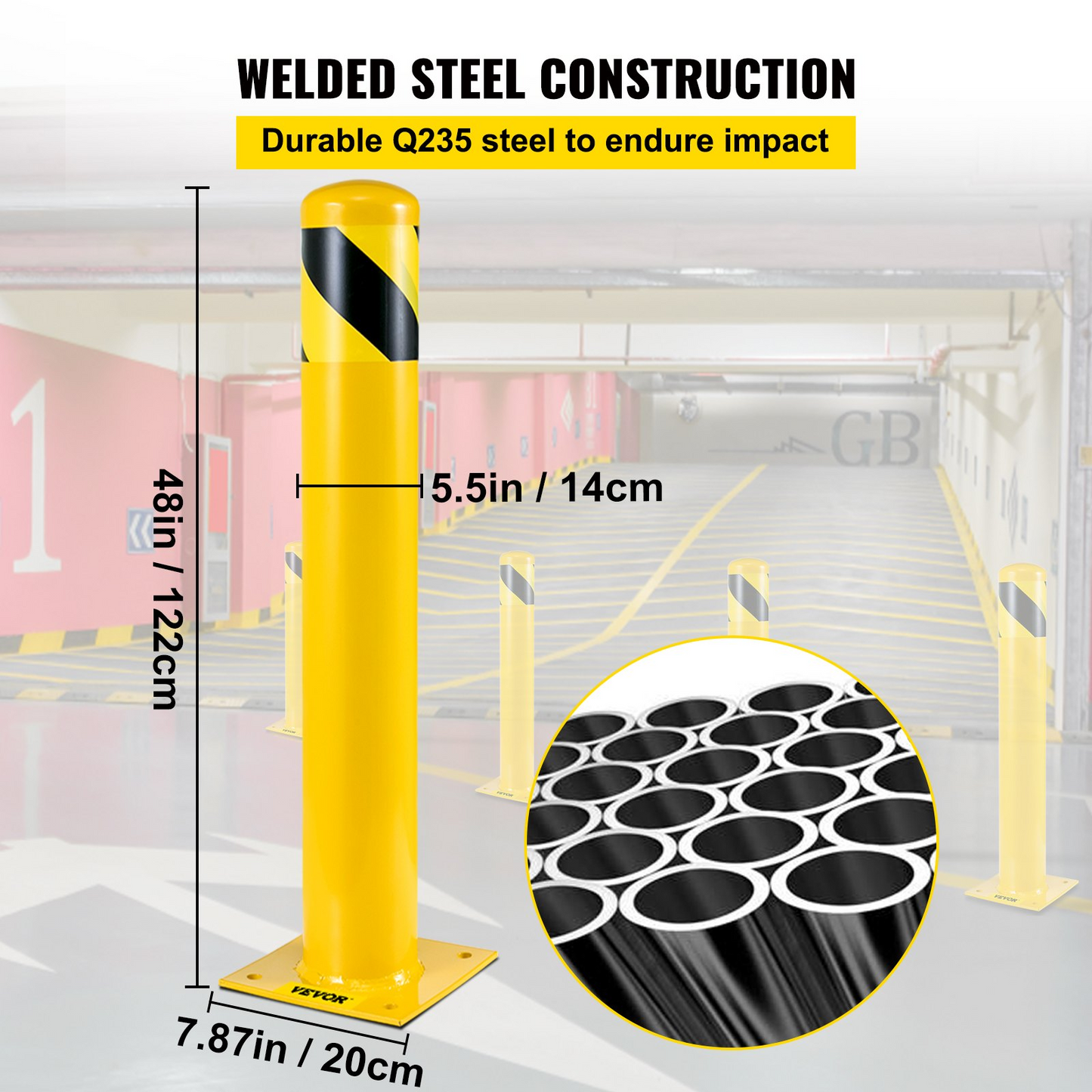 VEVOR Safety Bollard, 48 Inch Height Bollard Post, 5.5 Inch Diameter Steel Pipe Safety Bollard Post, Yellow Steel Bollard, Steel Safety Bollard with 8 Anchor Bolts, Perfect for Traffic-Sensitive Area