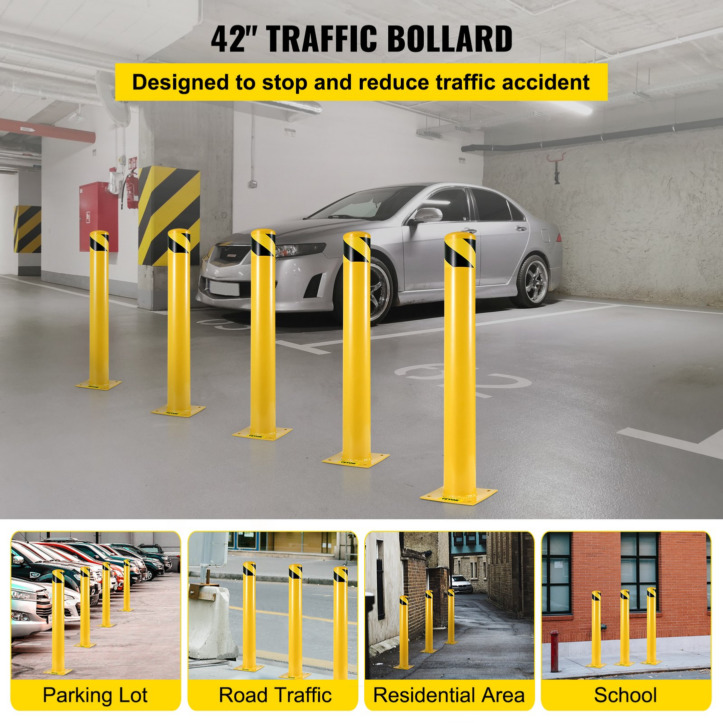 VEVOR Safety Bollard 42"x4.5" Safety Barrier Bollard 4-1/2" OD 42" Height Yellow Powder Coat Pipe Steel Safety Barrier with 4 Free Anchor Bolts for Traffic-Sensitive Area