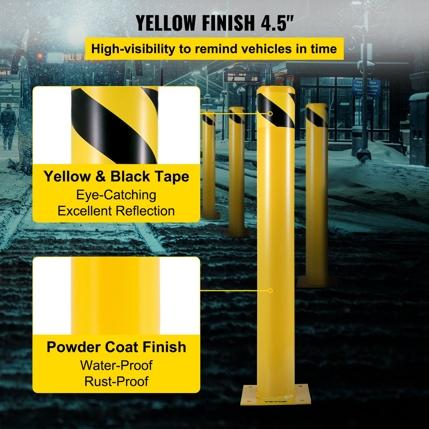 VEVOR Safety Bollard 42"x4.5" Safety Barrier Bollard 4-1/2" OD 42" Height Yellow Powder Coat Pipe Steel Safety Barrier with 4 Free Anchor Bolts for Traffic-Sensitive Area