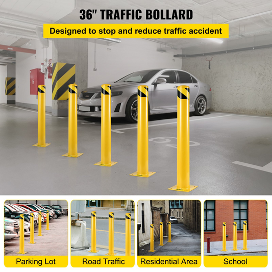 VEVOR Safety Bollard, 36x5.5 Safety Barrier Bollard, 5-1/2" OD 36" Height Yellow Powder Coat Pipe Steel Safety Barrier with 4 Free Anchor Bolts for Traffic-Sensitive Area