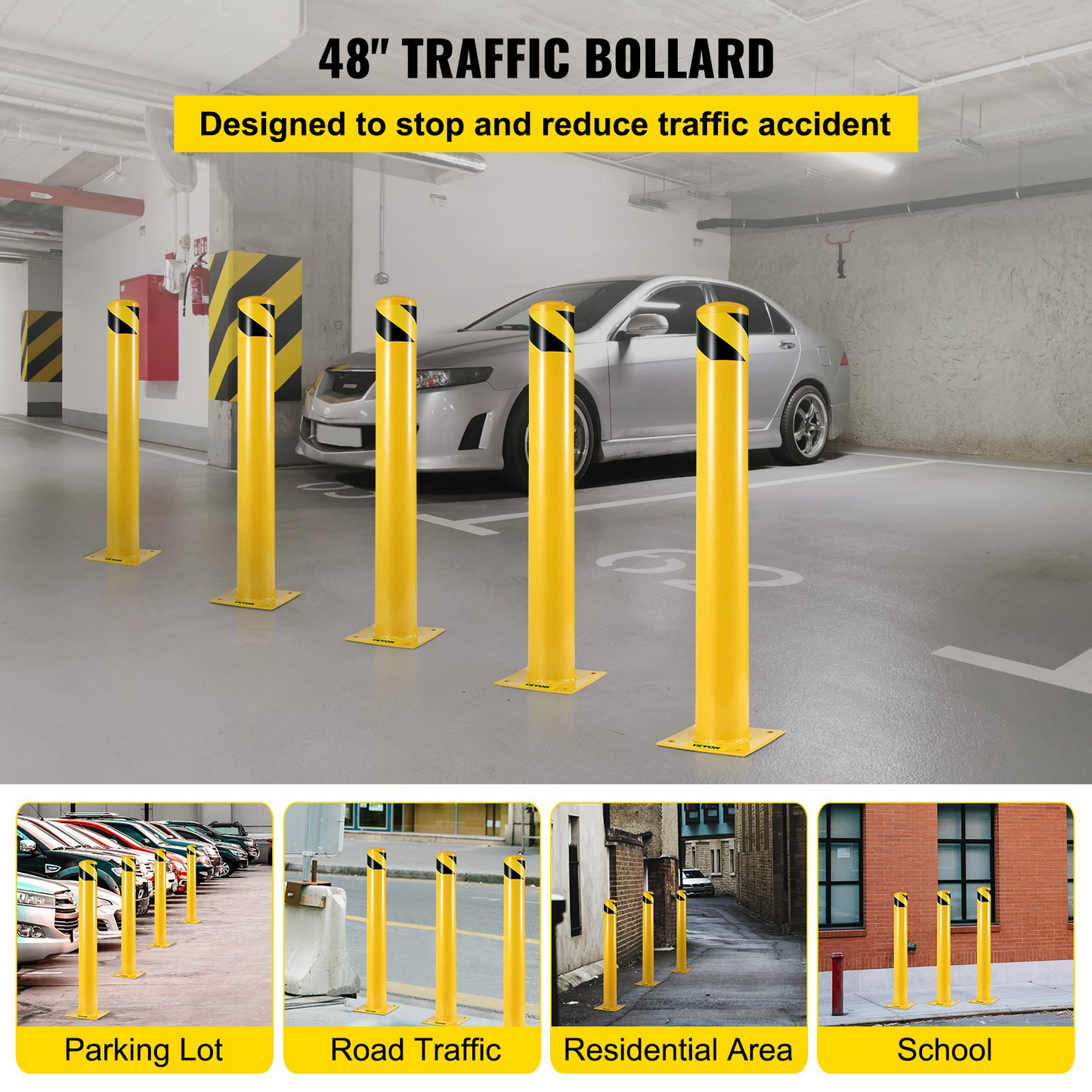 VEVOR Safety Bollard 48"x5.5", Safety Barrier Bollard 5-1/2" OD 48" Height, Yellow Powder Coat Pipe Steel Safety Barrier, with 4 Free Anchor Bolts, for Traffic-Sensitive Area