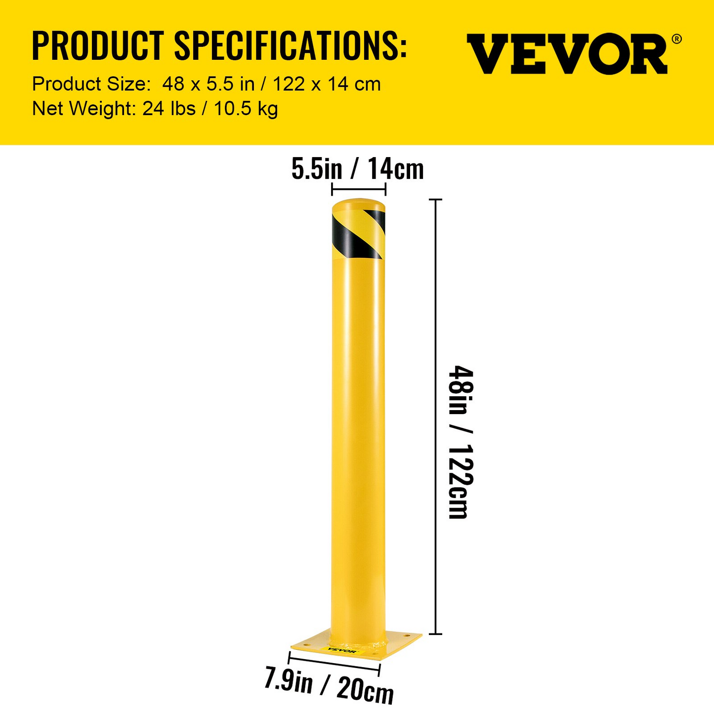 VEVOR Safety Bollard 48"x5.5", Safety Barrier Bollard 5-1/2" OD 48" Height, Yellow Powder Coat Pipe Steel Safety Barrier, with 4 Free Anchor Bolts, for Traffic-Sensitive Area